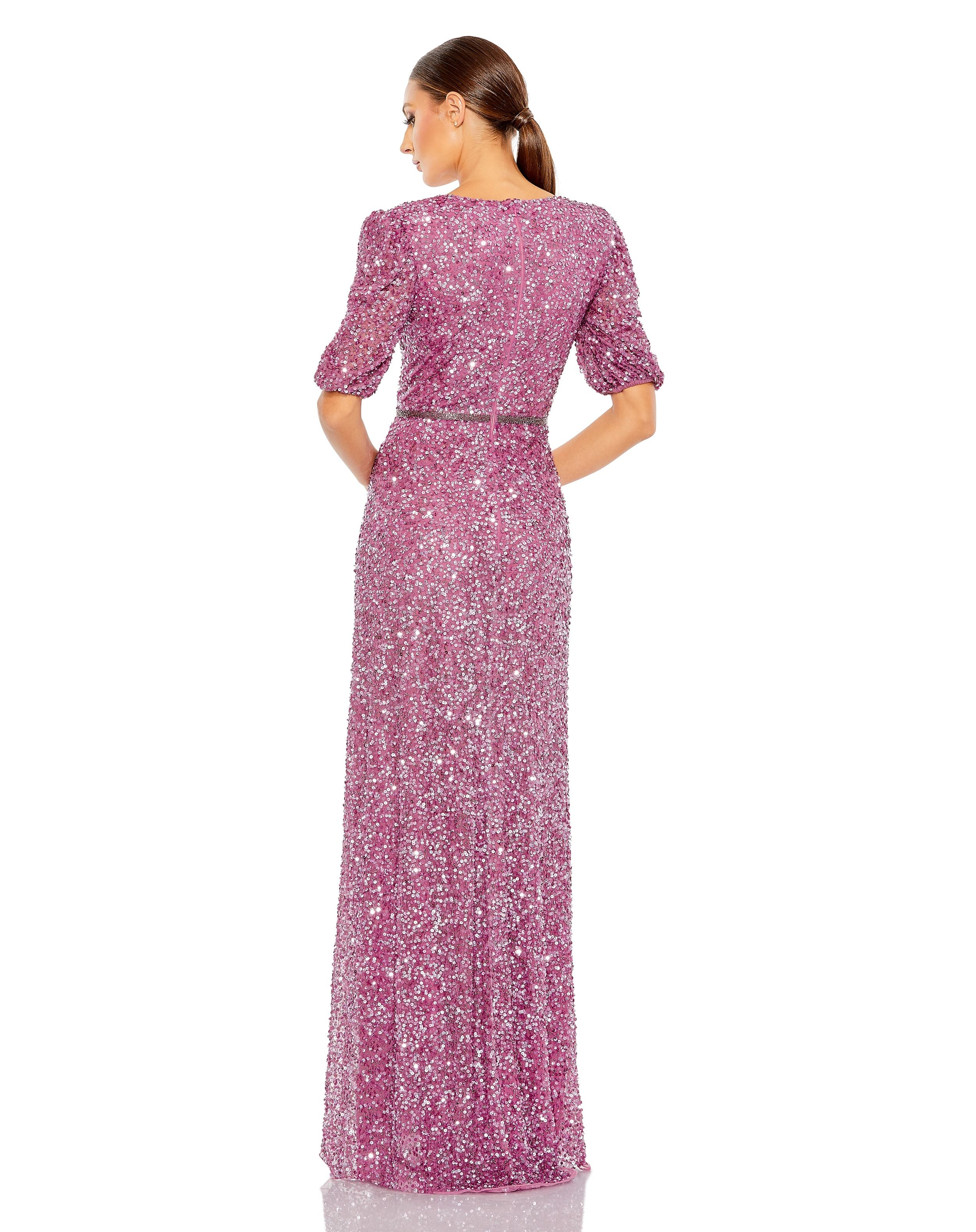 Puff Sleeve Sequin Wrap Gown
