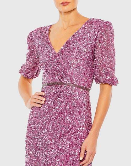 Puff Sleeve Sequin Wrap Gown