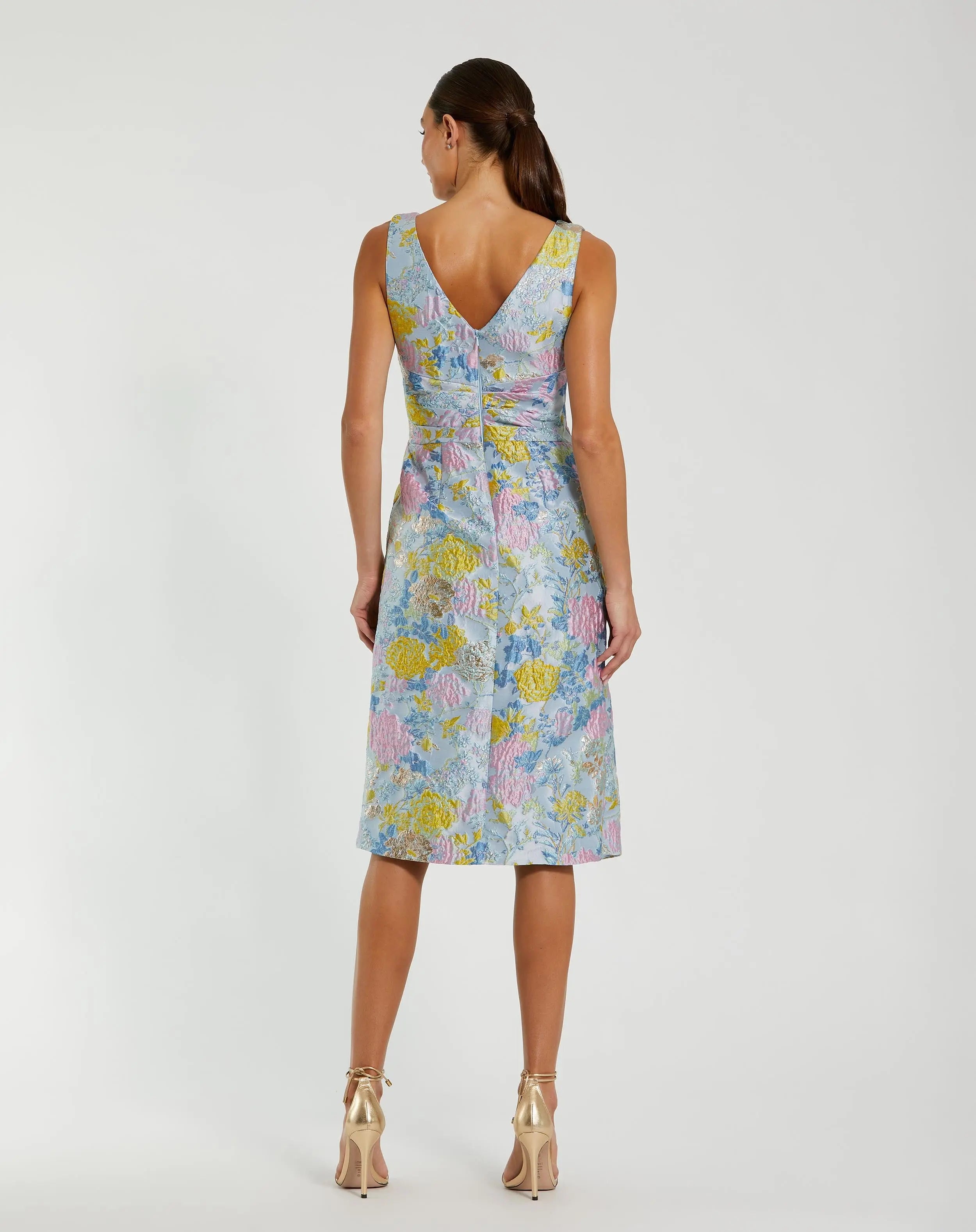 Blue Floral Brocade Sleeveless Midi Dress With Bow - Ieena for Mac Duggal