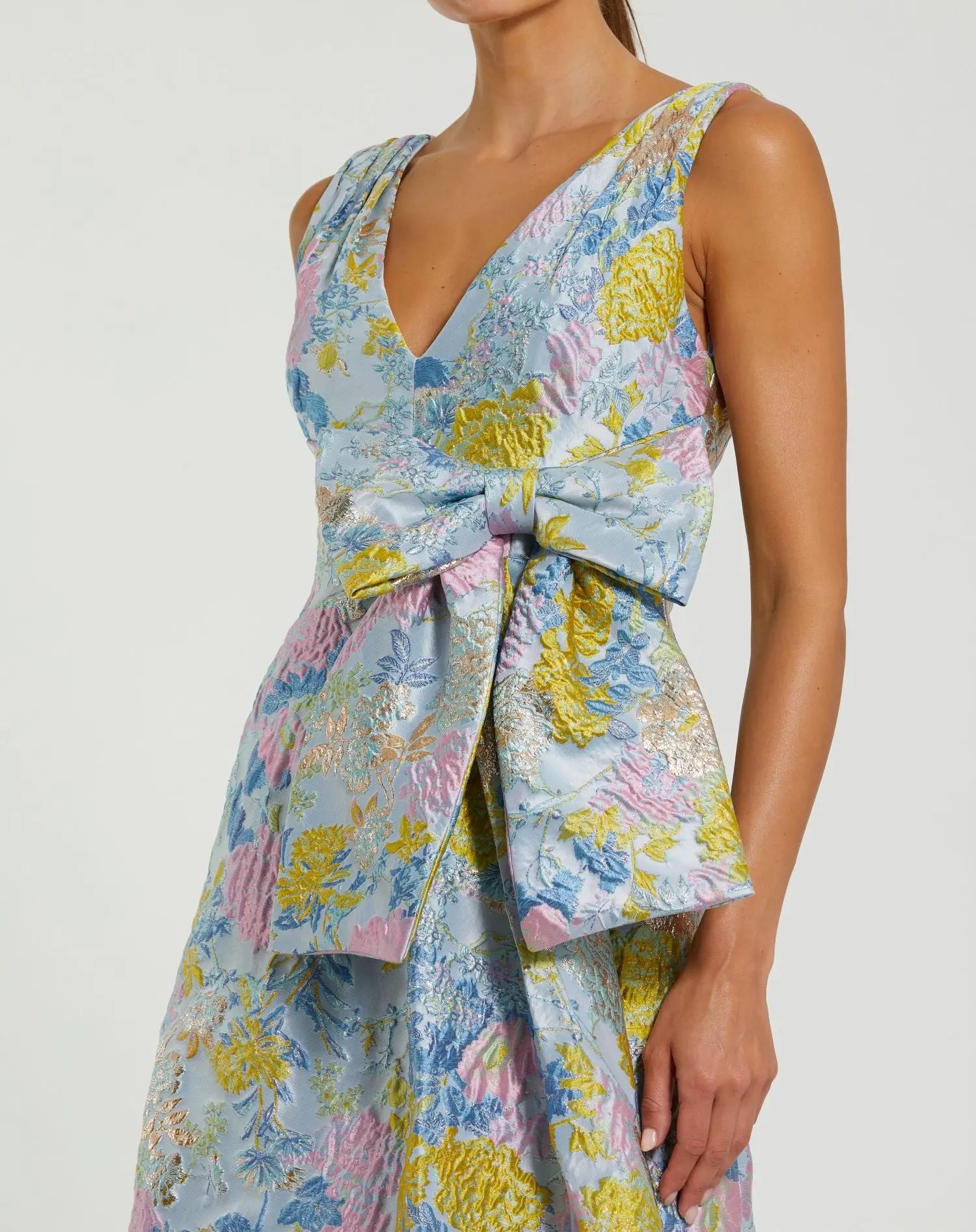 Blue Floral Brocade Sleeveless Midi Dress With Bow - Ieena for Mac Duggal