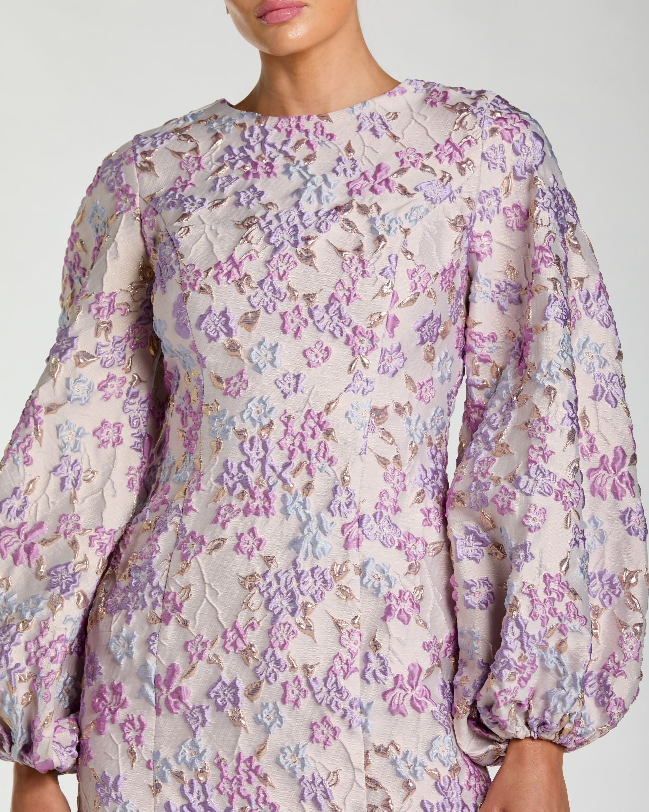 Purple Floral Brocade Balloon Sleeve Mini Dress Ieena for Mac Duggal