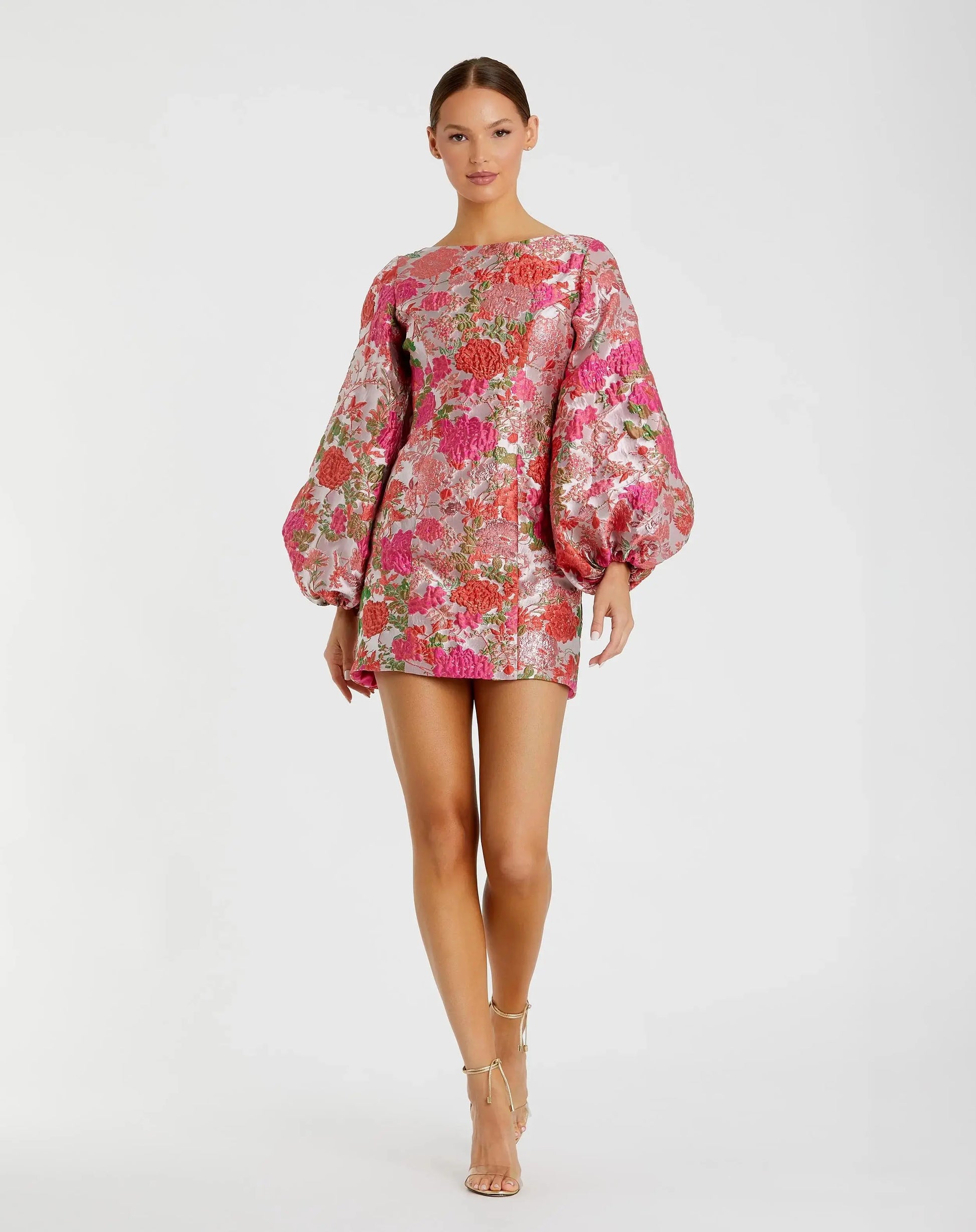 Ieena for Mac Duggal - Pink Floral Brocade Balloon Sleeve Mini Dress - US 8 Ieena for Mac Duggal - Pink Floral Brocade Balloon Sleeve Mini Dress - US 8