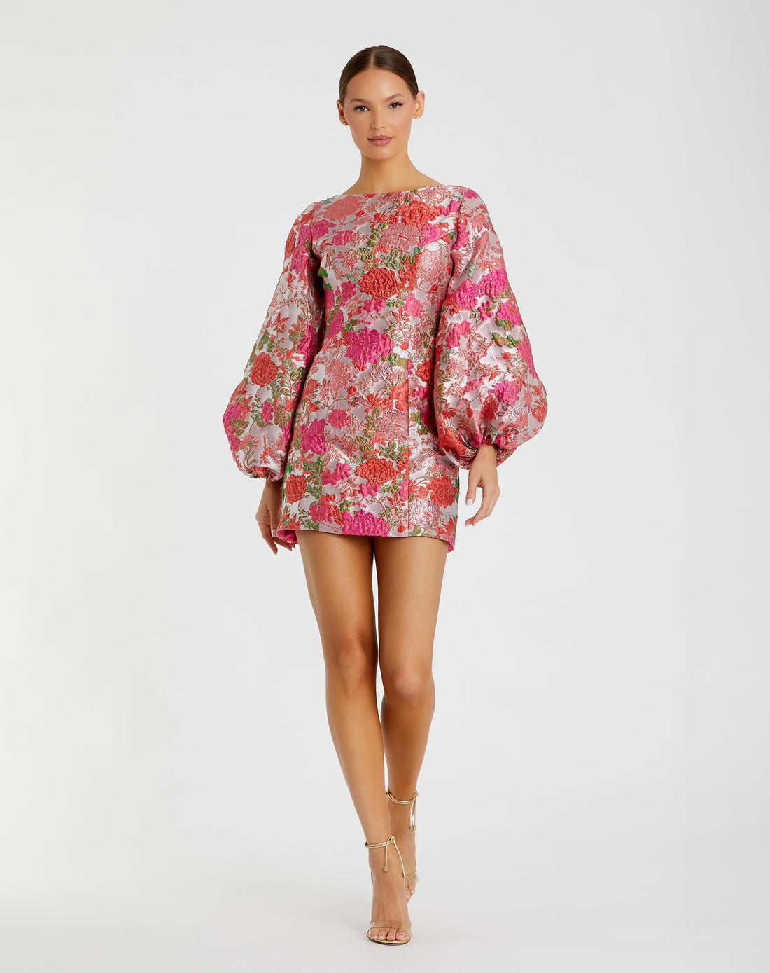 Pink Floral Brocade Balloon Sleeve Mini Dress - Ieena for Mac Duggal