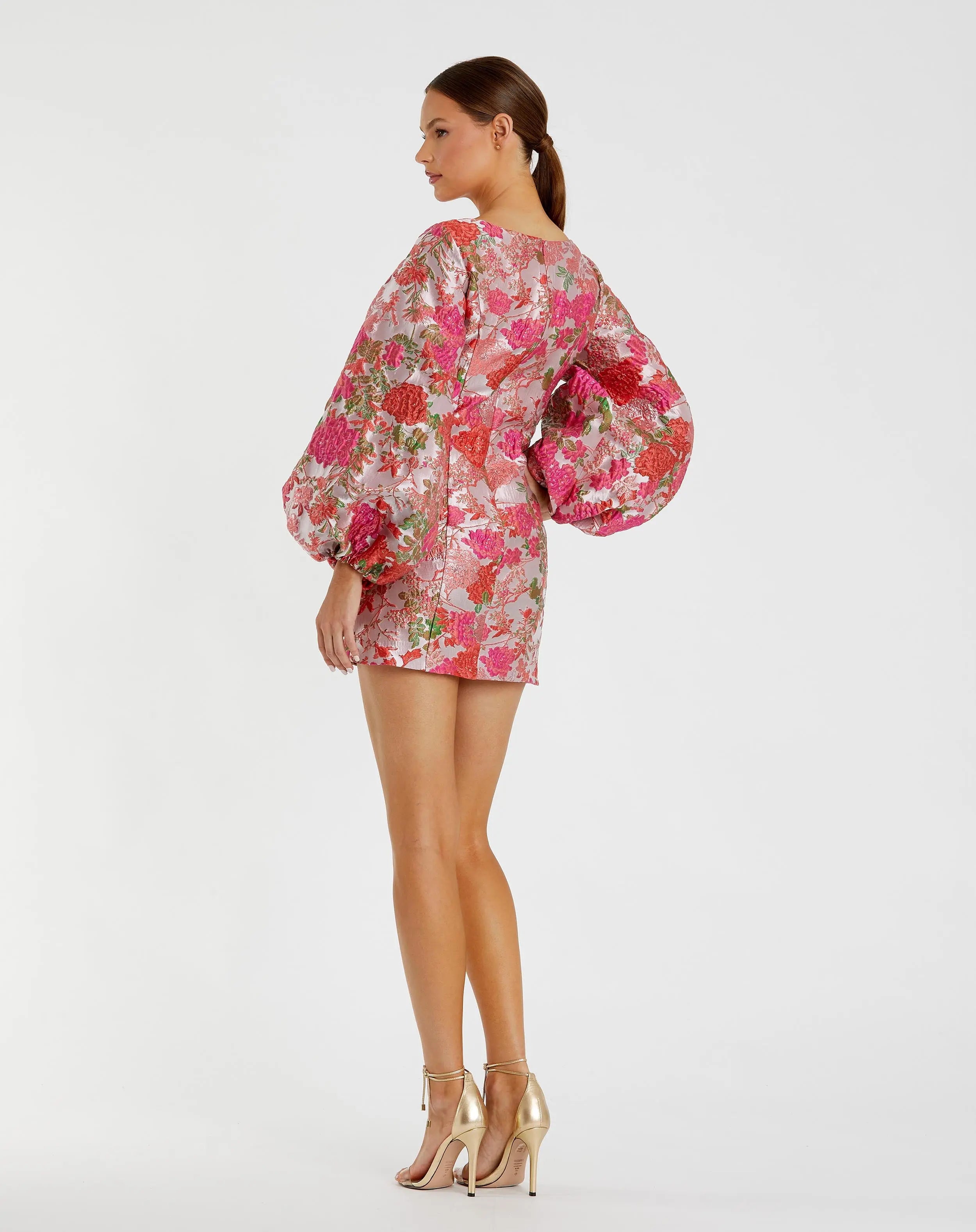 Pink Floral Brocade Balloon Sleeve Mini Dress - Ieena for Mac Duggal