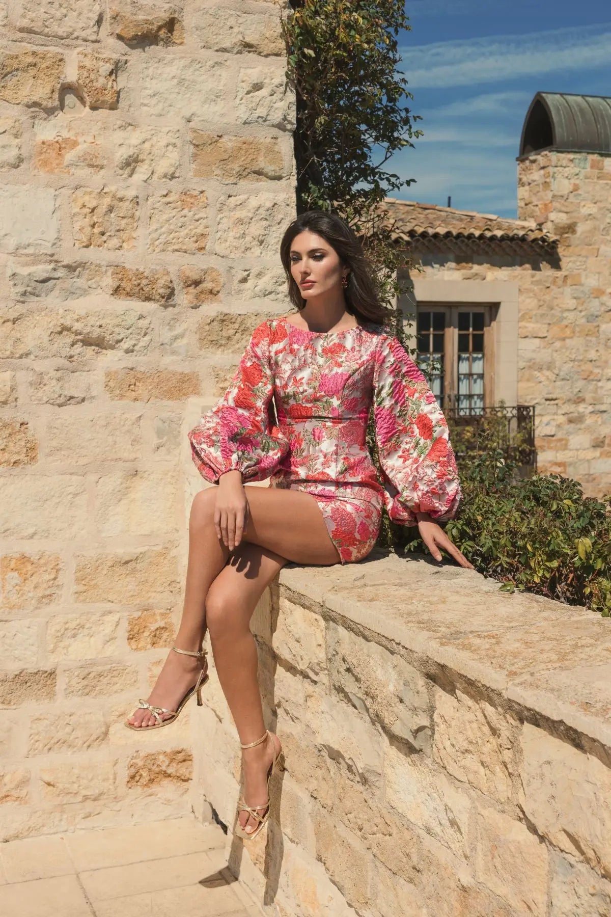 balloon sleeve mini dress Pink Brocade Balloon Sleeve Mini Dress