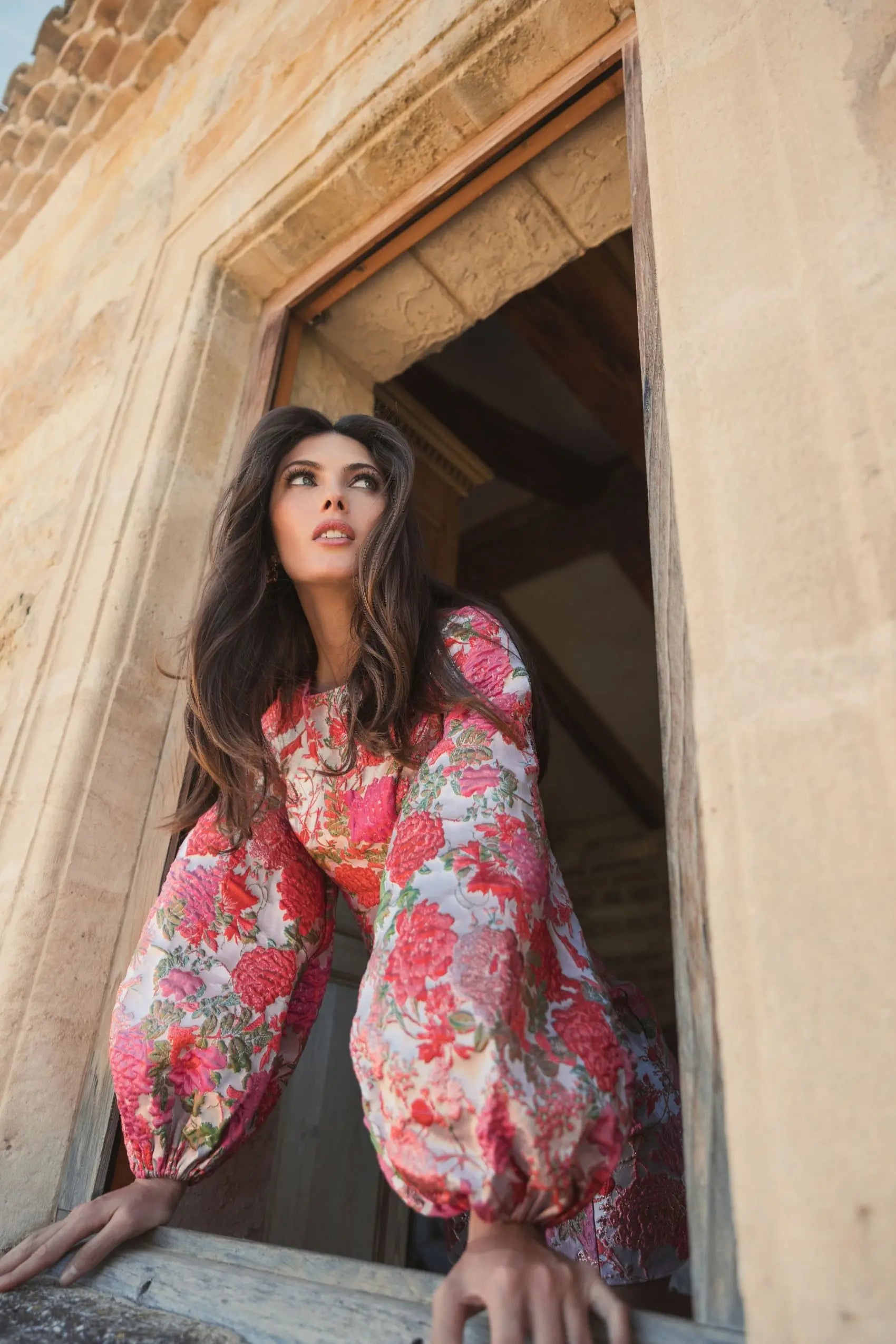 Pink Floral Brocade Balloon Sleeve Mini Dress - Ieena for Mac Duggal