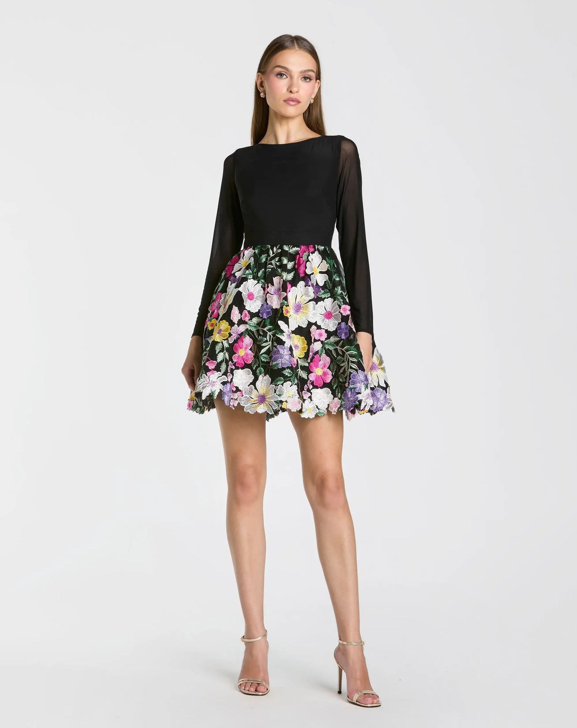 Black Long Sleeve Mini Dress With Floral Embroidery - Ieena for Mac Duggal
