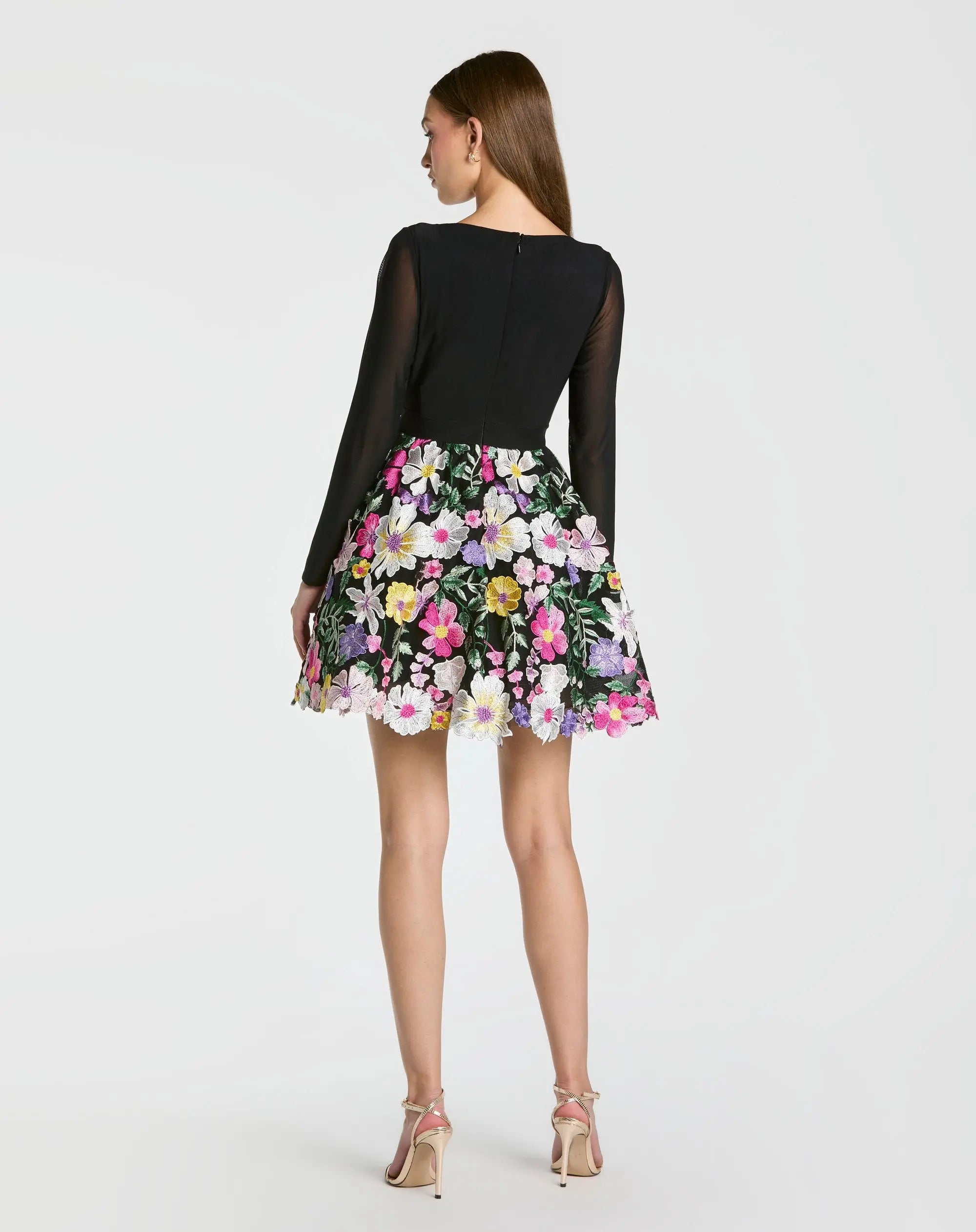 Black Long Sleeve Mini Dress With Floral Embroidery