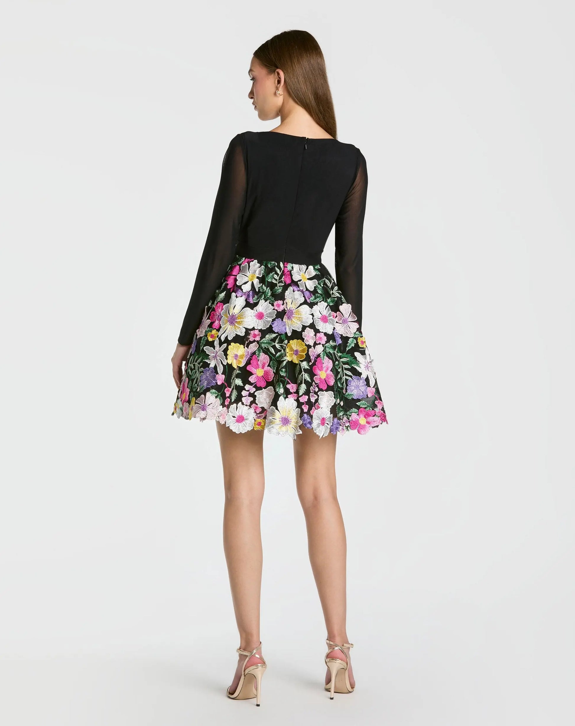Black Long Sleeve Mini Dress With Floral Embroidery - Ieena for Mac Duggal