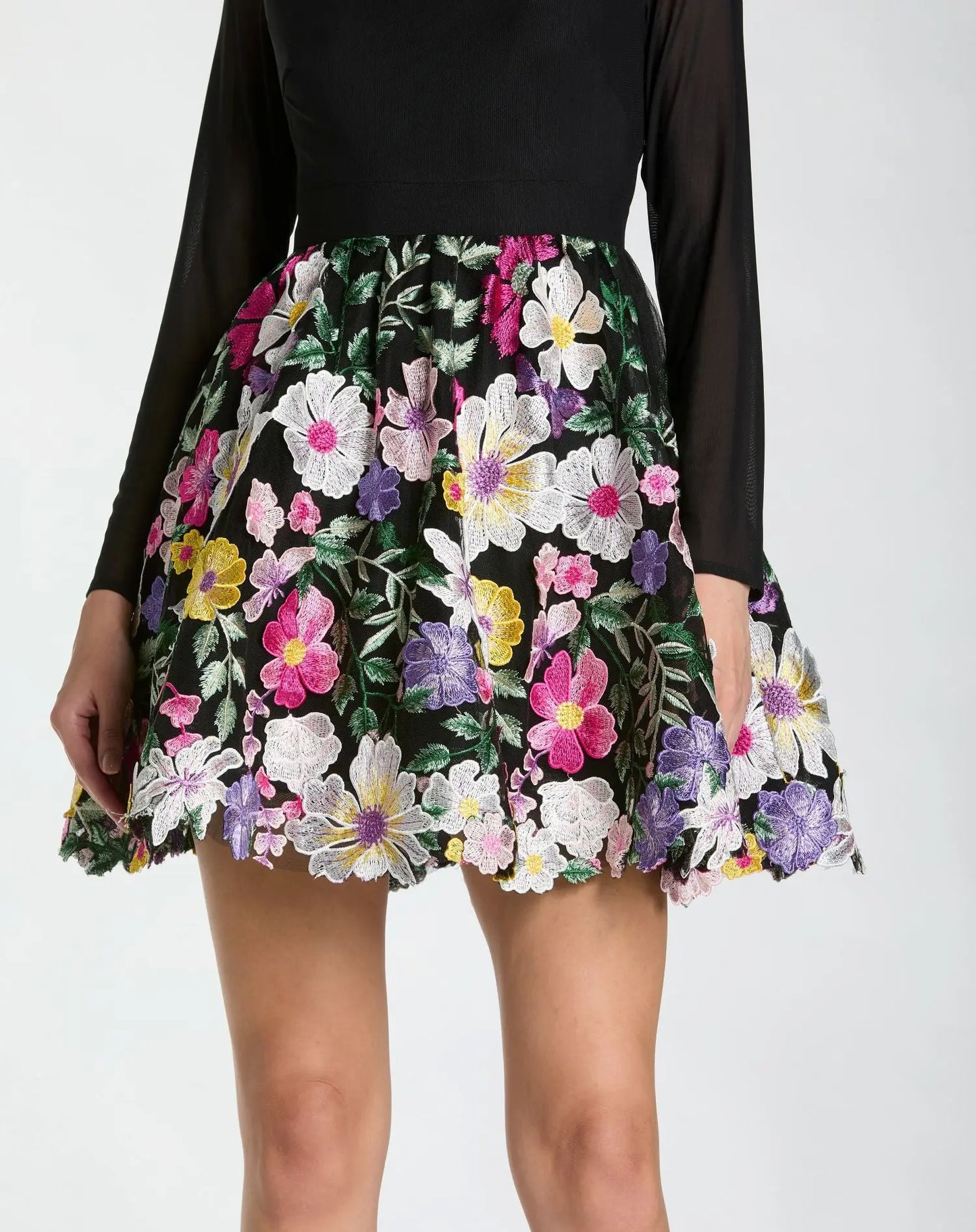 Black Long Sleeve Mini Dress With Floral Embroidery - Ieena for Mac Duggal