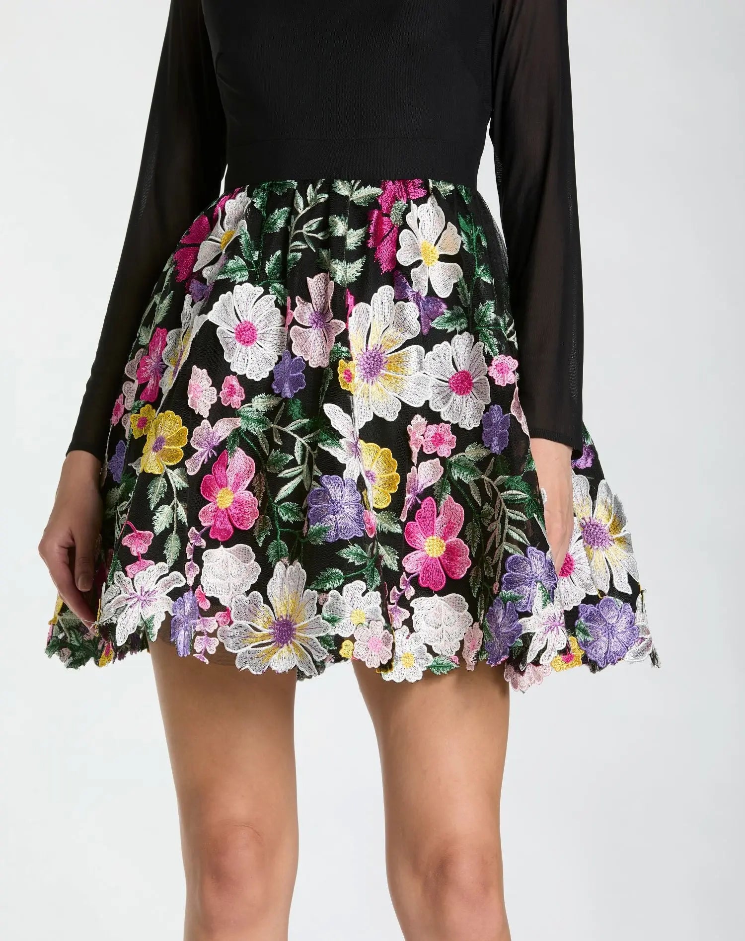 Black Long Sleeve Mini Dress With Floral Embroidery - Ieena for Mac Duggal