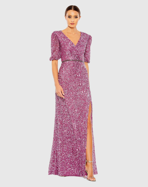 Puff Sleeve Sequin Wrap Gown