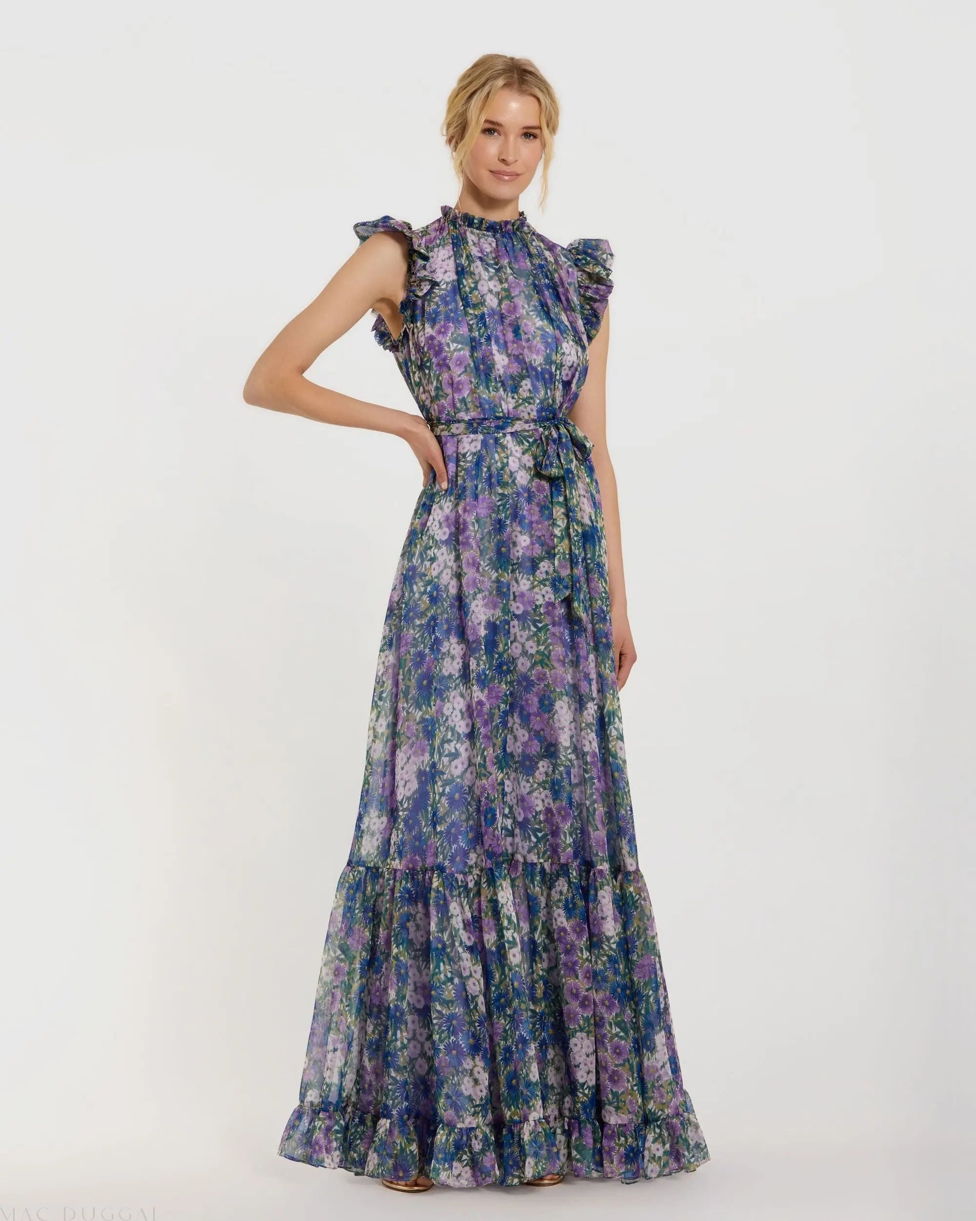 Purple Printed Chiffon Ruffle Sleeve Gown With Bow Belt - Ieena for Mac Duggal