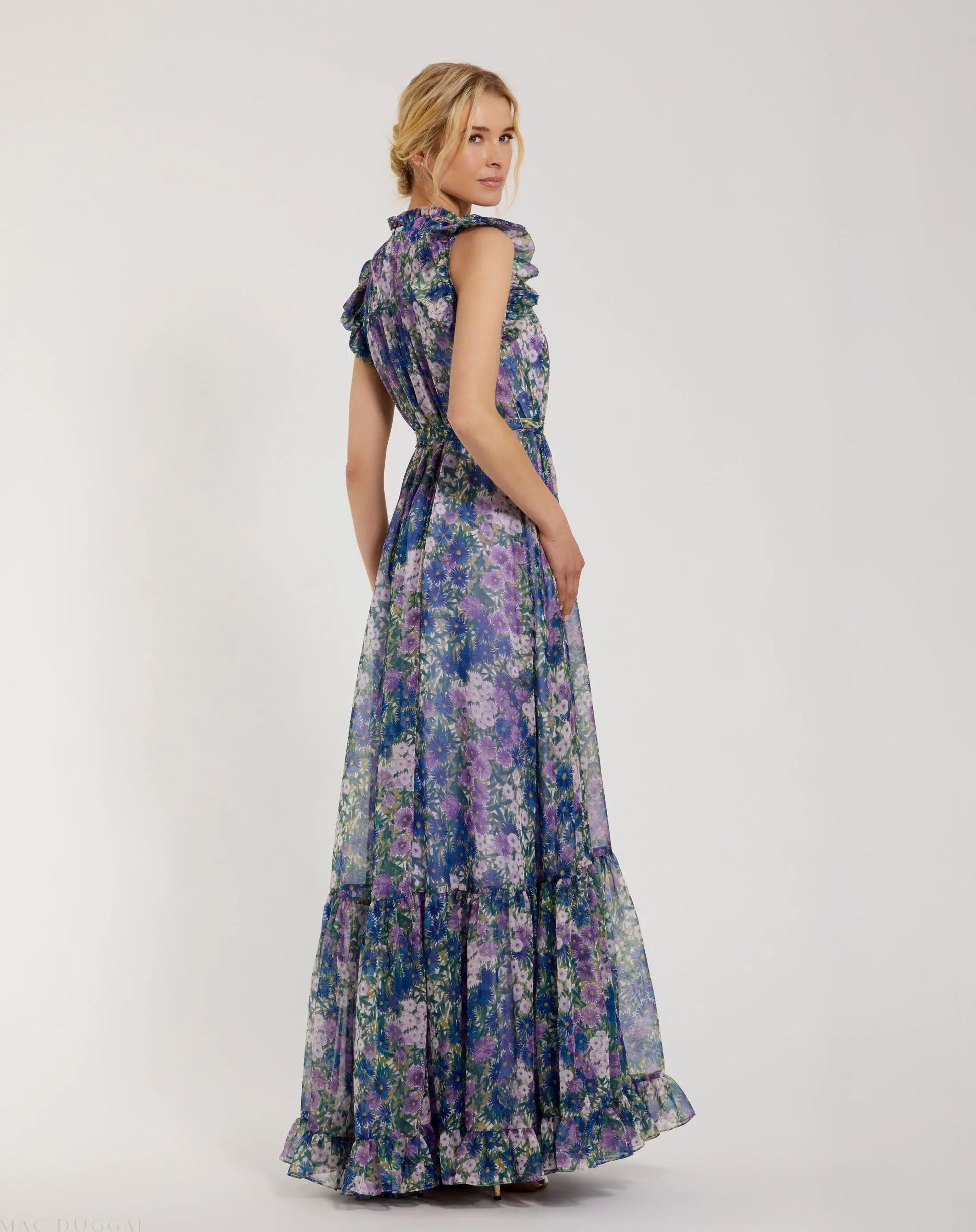 Purple Floral Chiffon Cap Sleeve Gown | Mac Duggal Purple Floral Chiffon Cap Sleeve Gown | Mac Duggal