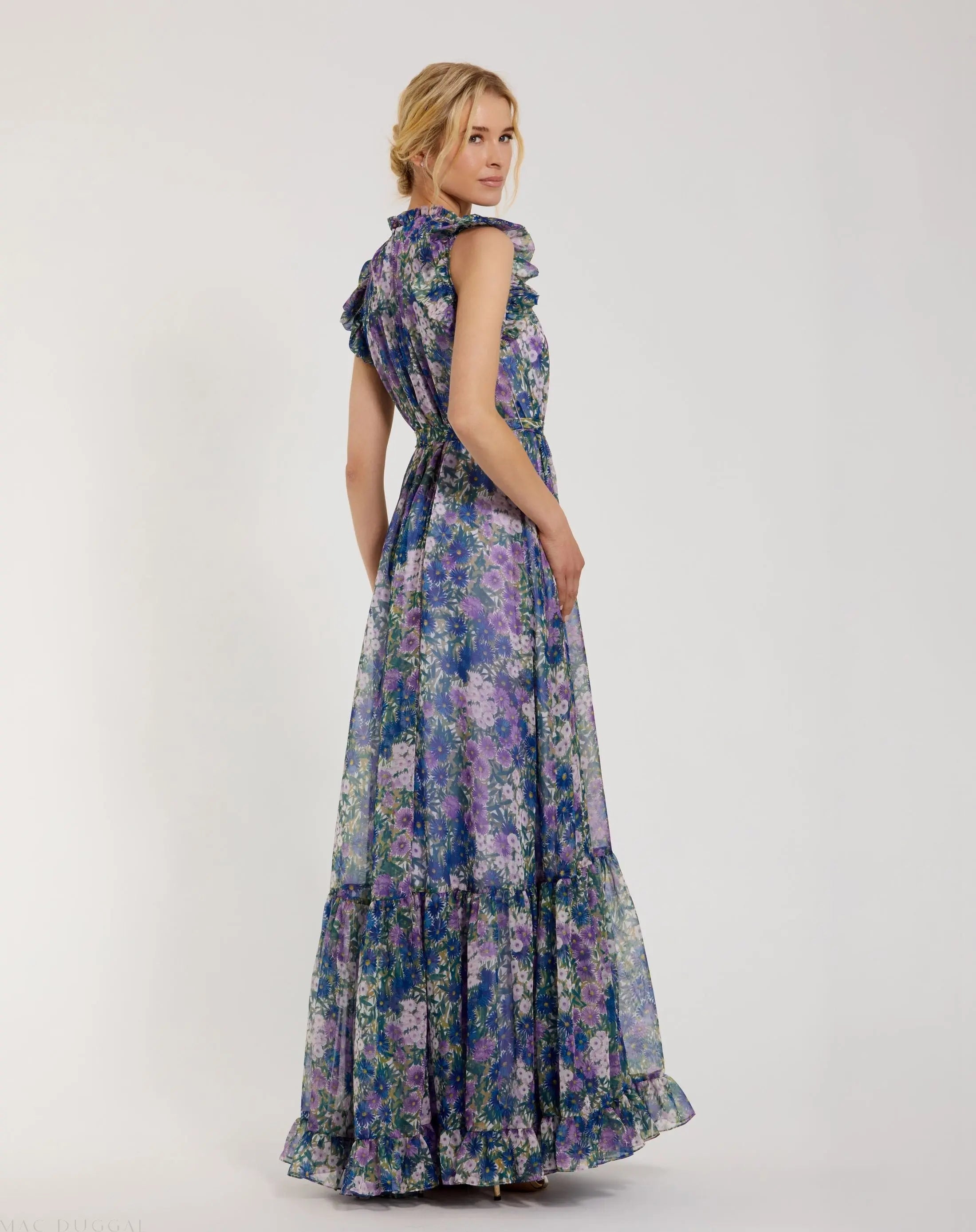 Purple Printed Chiffon Ruffle Sleeve Gown With Bow Belt - Ieena for Mac Duggal