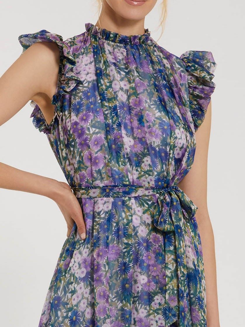 Printed Chiffon Ruffle Sleeve Gown With Bow Belt