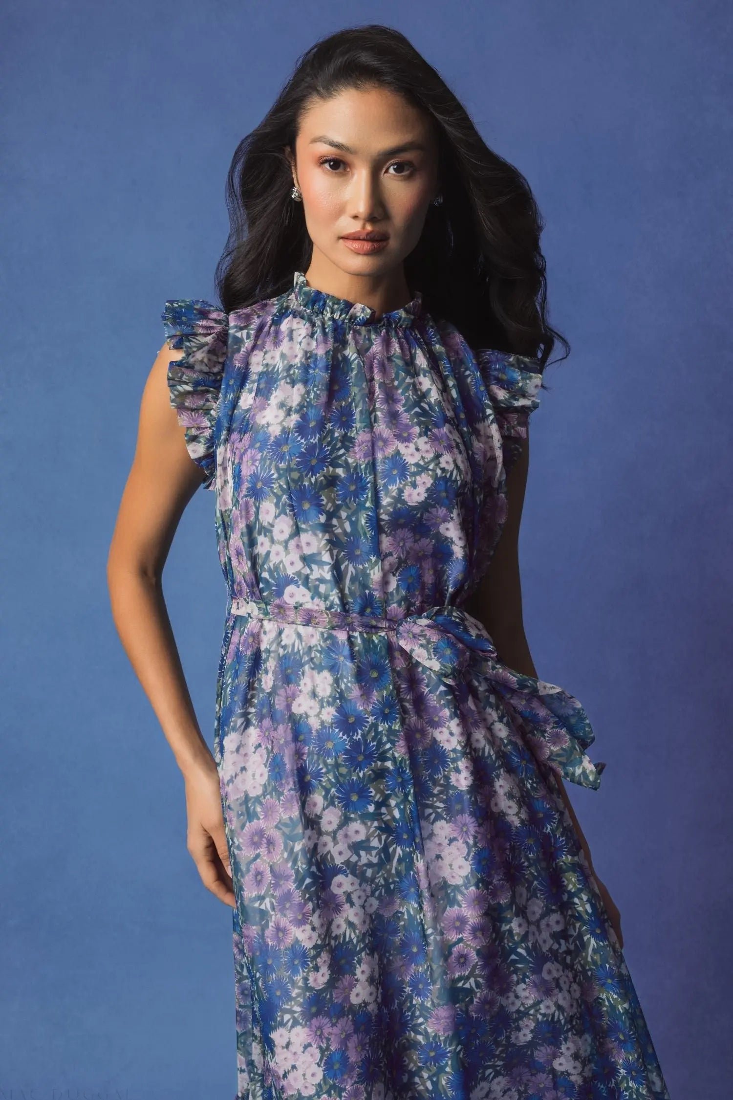 Purple Printed Chiffon Ruffle Sleeve Gown With Bow Belt - Ieena for Mac Duggal