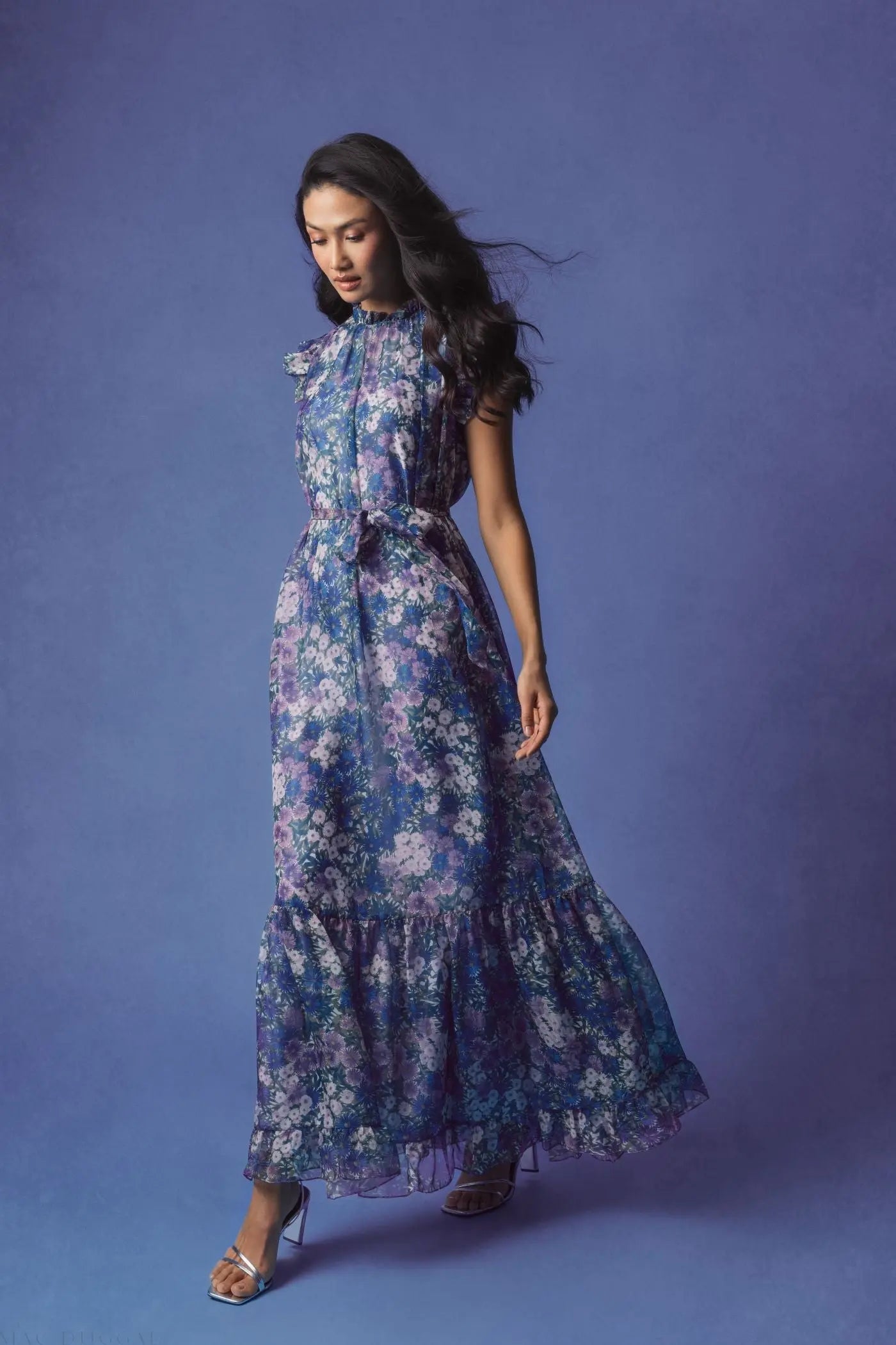 Purple Printed Chiffon Ruffle Sleeve Gown With Bow Belt - Ieena for Mac Duggal