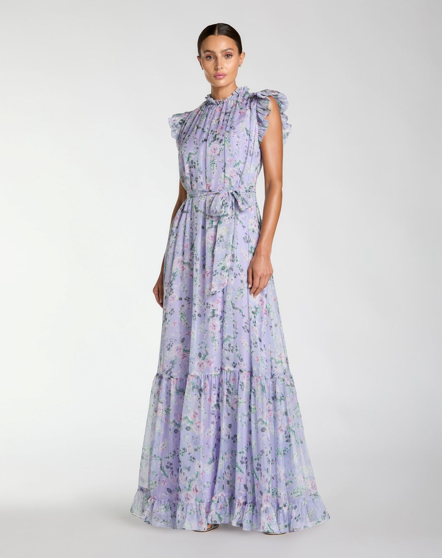 Light Purple Printed Chiffon Ruffle Sleeve Gown With Bow Belt - Ieena for Mac Duggal