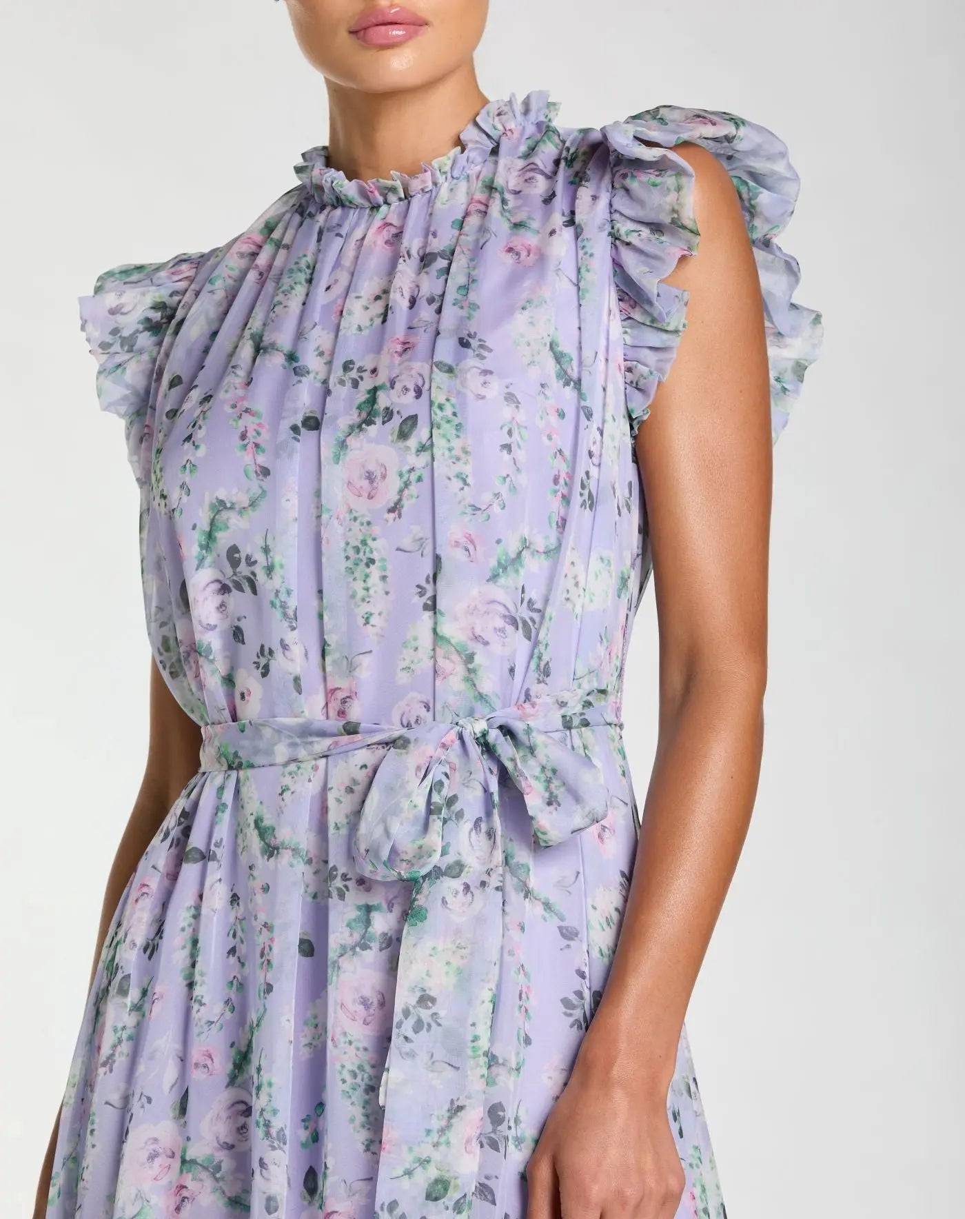 open lace back dress Plus Size Light Purple Print Floral Wedding Guest Dress with Sleeves main image 0