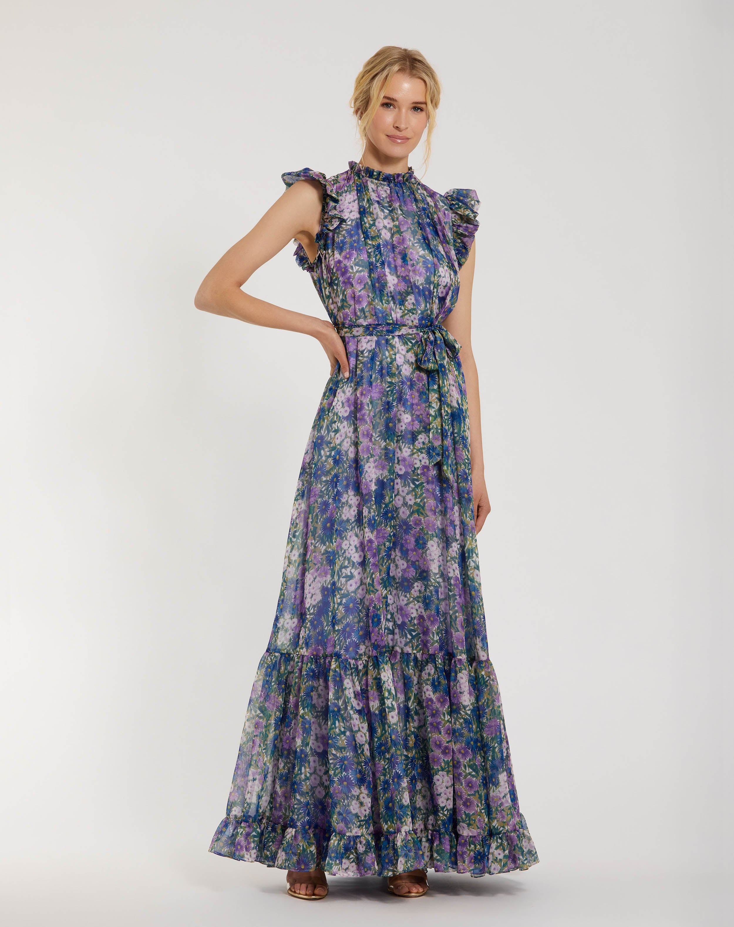 Printed Chiffon Ruffle Sleeve Gown With Bow Belt