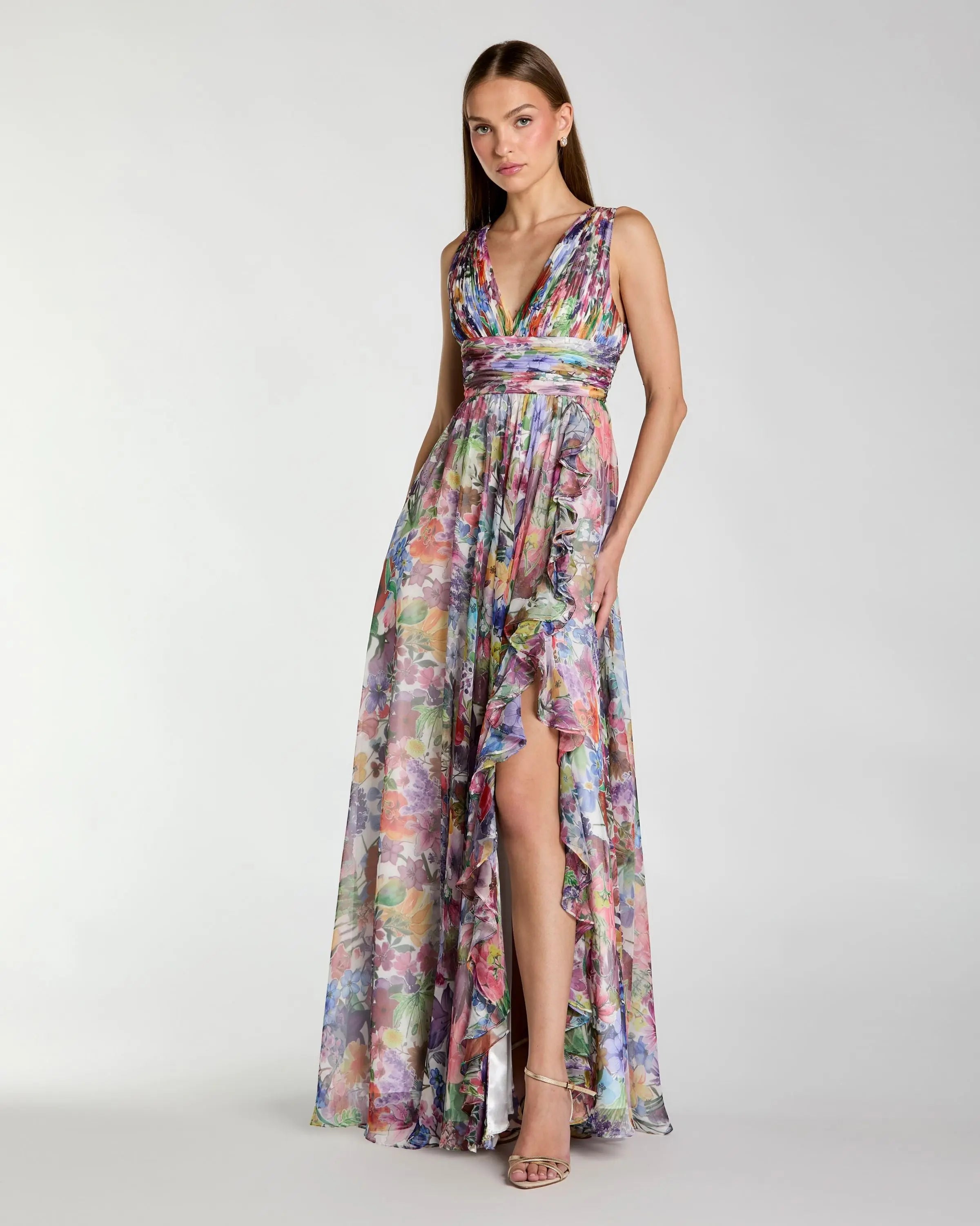 mac duggal floral-strap tiered ruffled pleated satin maxi dress Ruffle Tiered Cut-Out Chiffon Floral Gown
