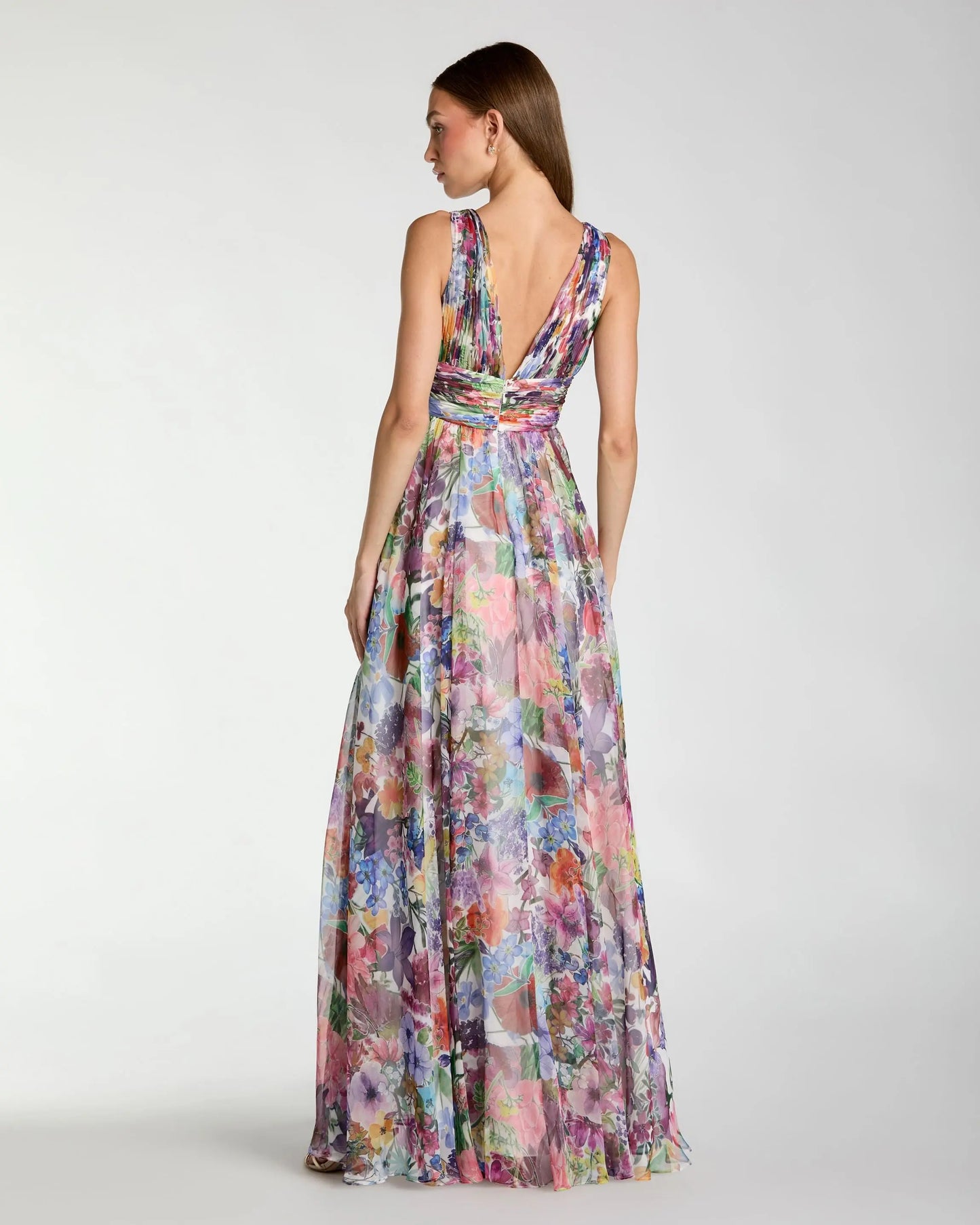 Multicolor Floral Chiffon Gown with Ruffle Slit Ieena for Mac Duggal