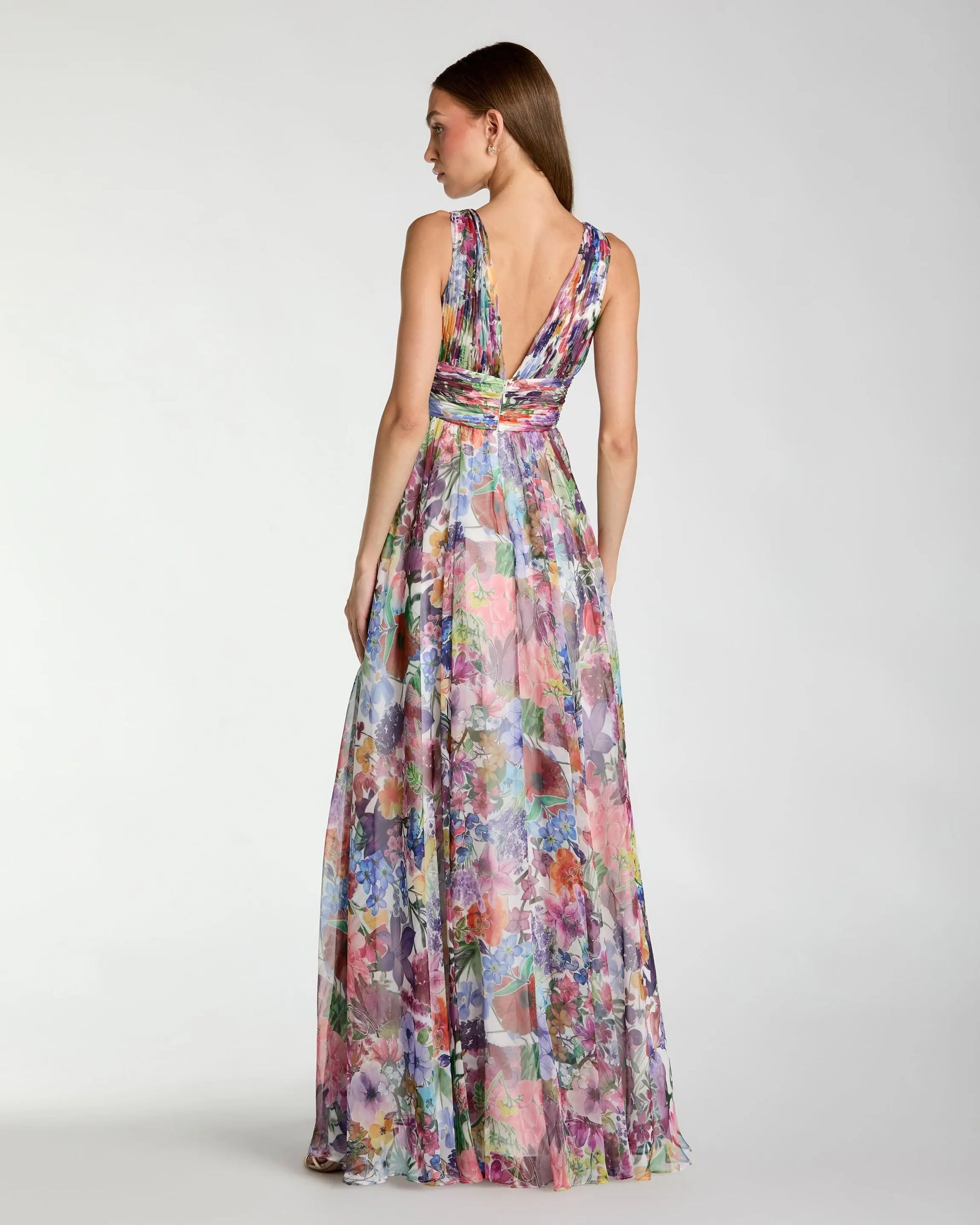 Multicolor Floral Chiffon Gown with Ruffle Slit Ieena for Mac Duggal