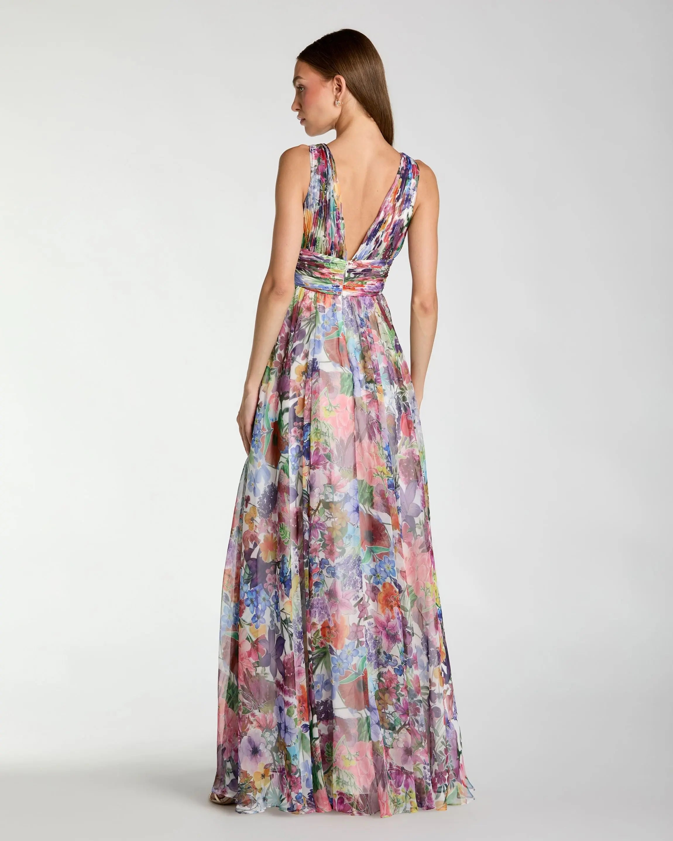 Multicolor Floral Chiffon Gown with Ruffle Slit Ieena for Mac Duggal