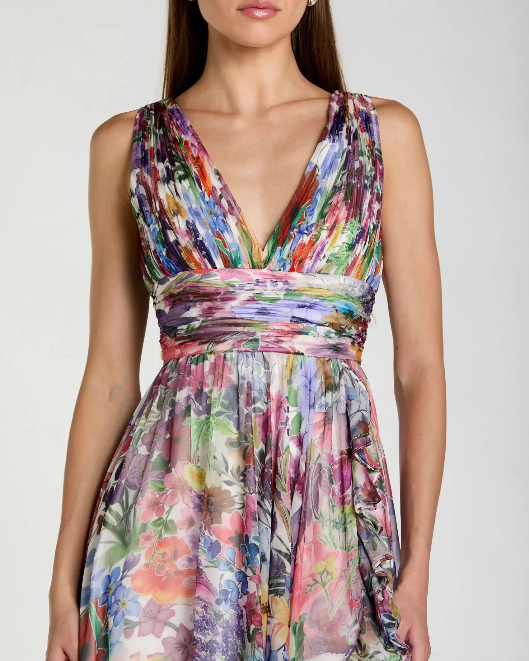 Multicolor Floral Chiffon Gown with Ruffle Slit Ieena for Mac Duggal