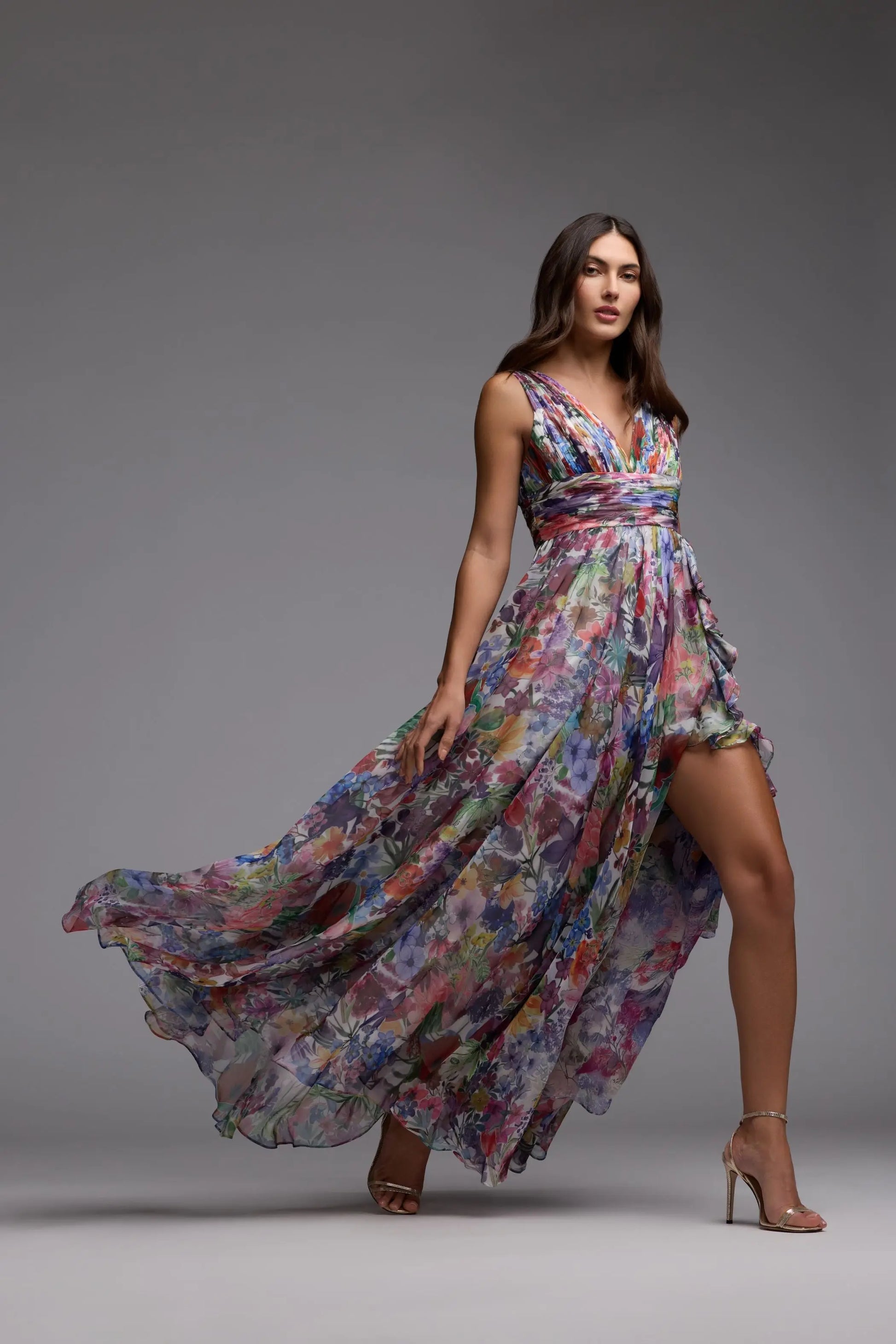 Multicolor Floral Chiffon Gown with Ruffle Slit Ieena for Mac Duggal