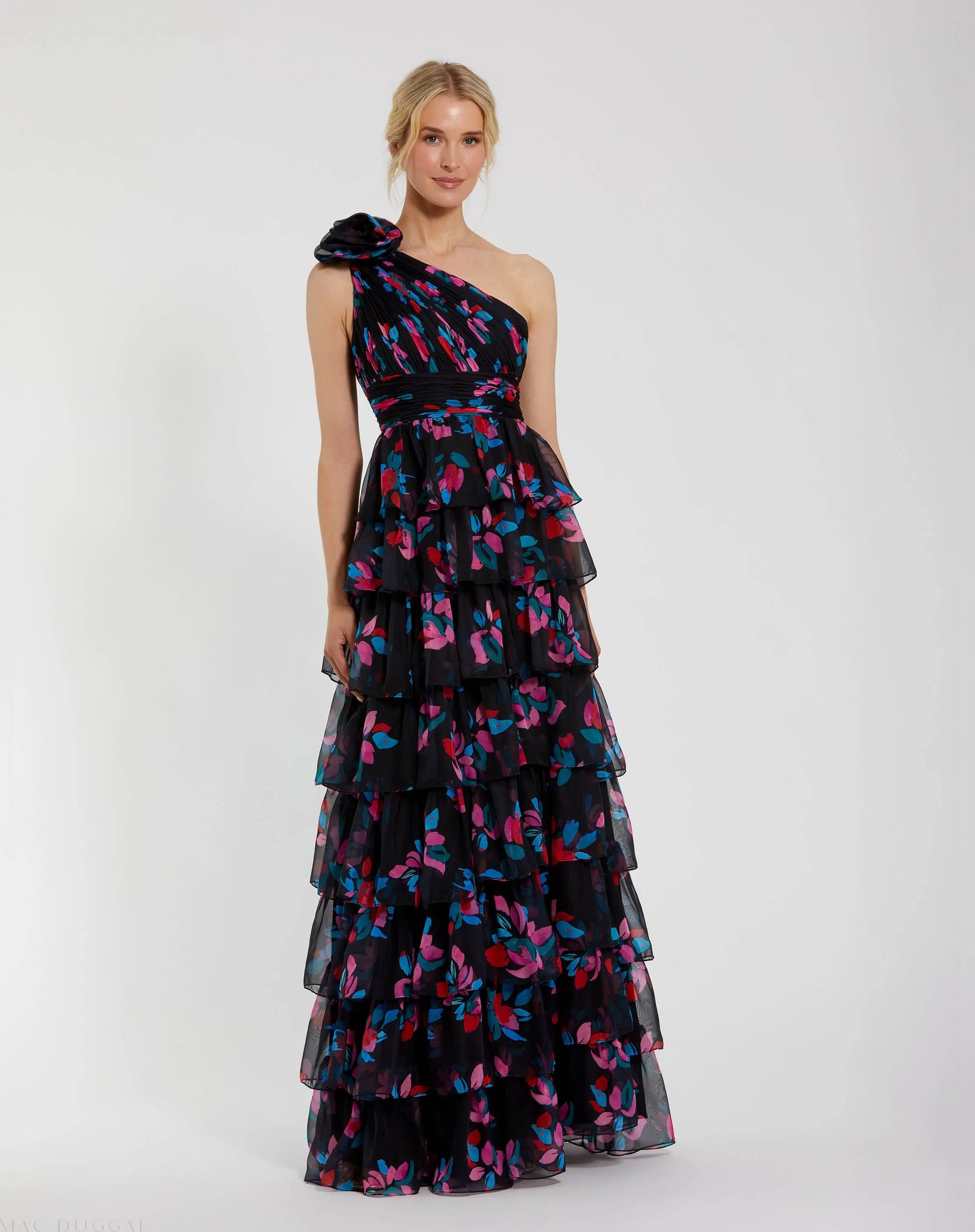 Black Floral Chiffon One Shoulder Tiered Ruffle Gown - Ieena for Mac Duggal