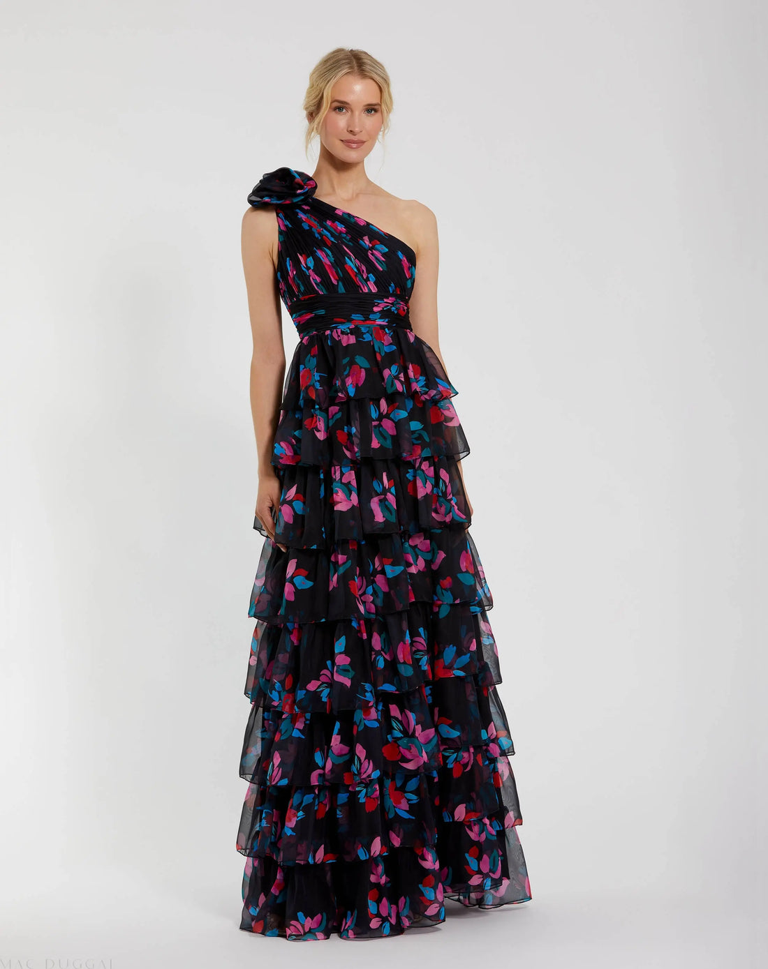 Black Floral Chiffon One Shoulder Tiered Ruffle Gown - Ieena for Mac Duggal