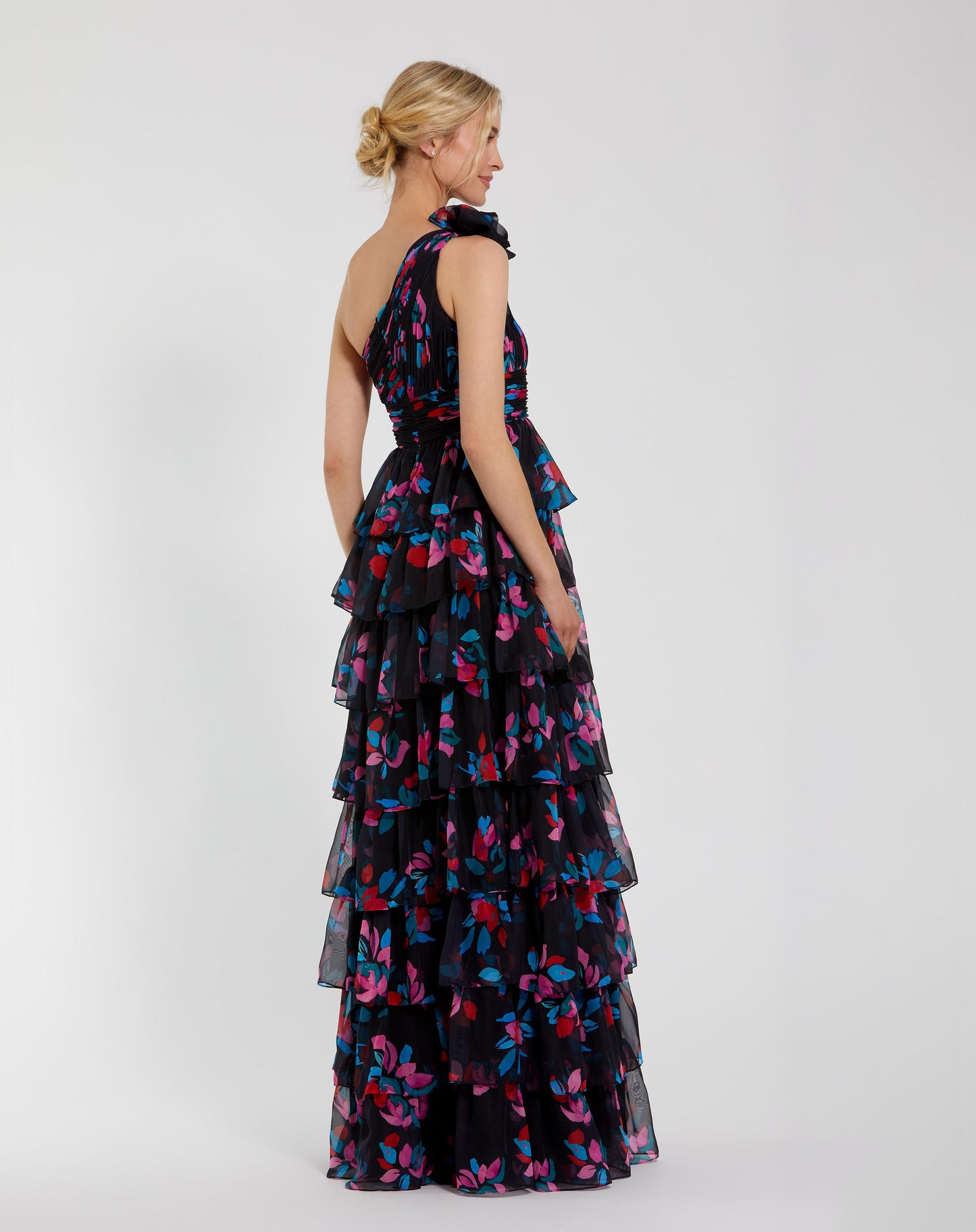 One Shoulder Printed Chiffon Tiered Ruffle Gown