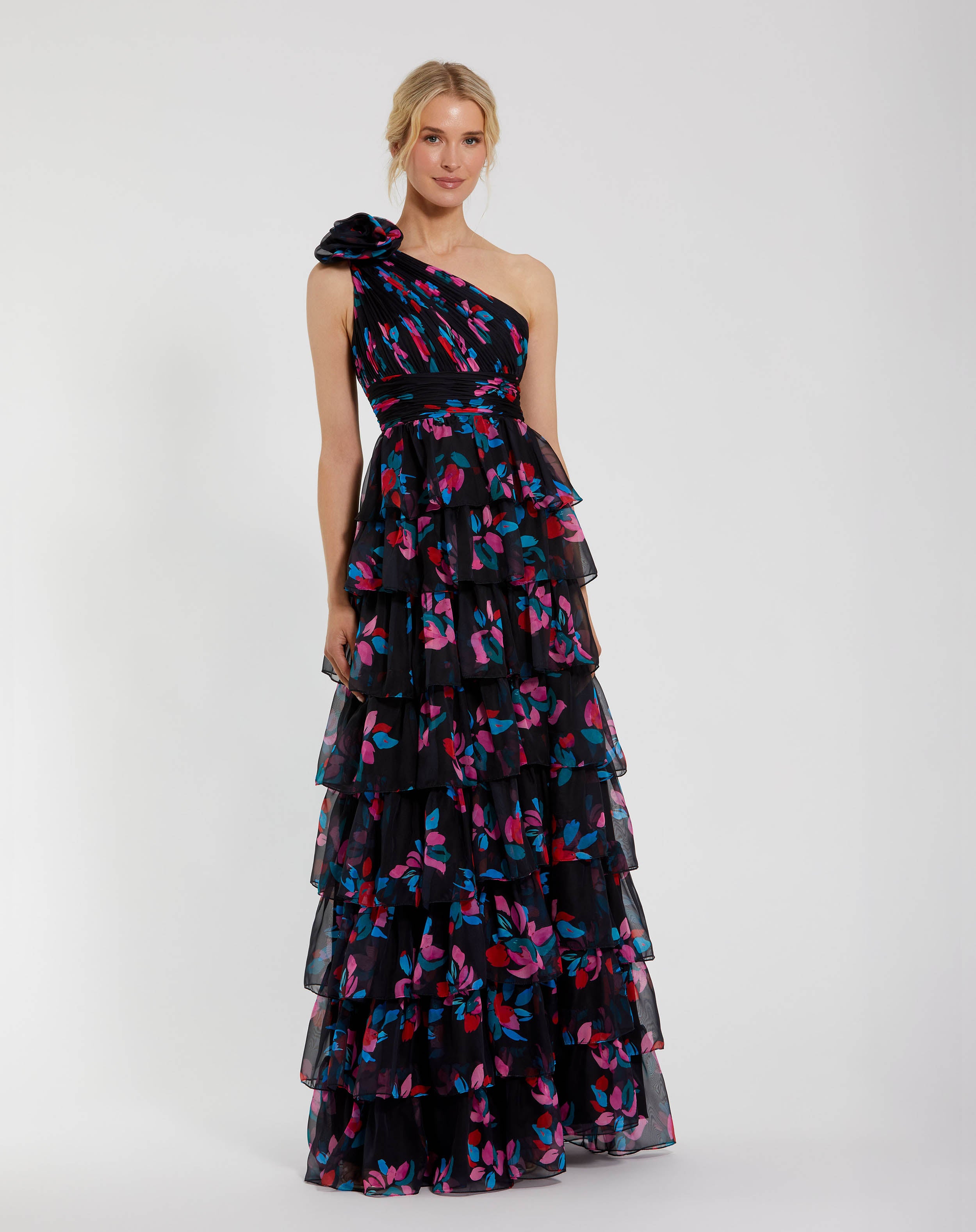 One Shoulder Printed Chiffon Tiered Ruffle Gown