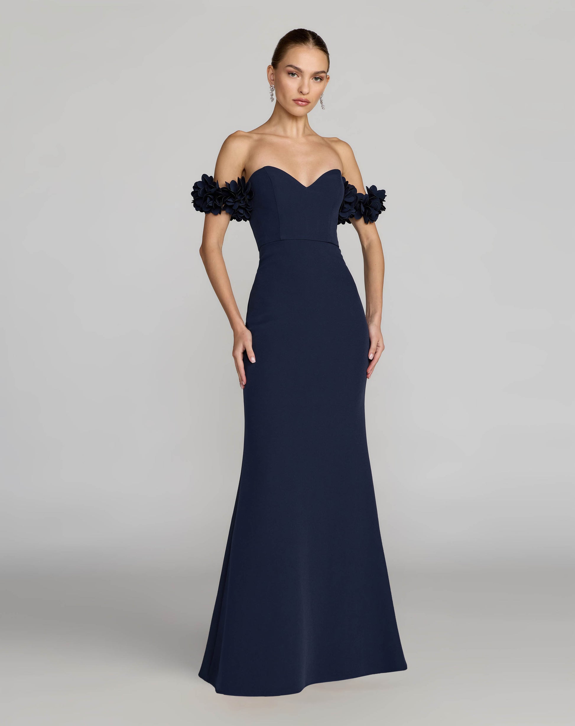 Navy Crepe Off The Shoulder Gown With 3D Flowers - Ieena for Mac Duggal