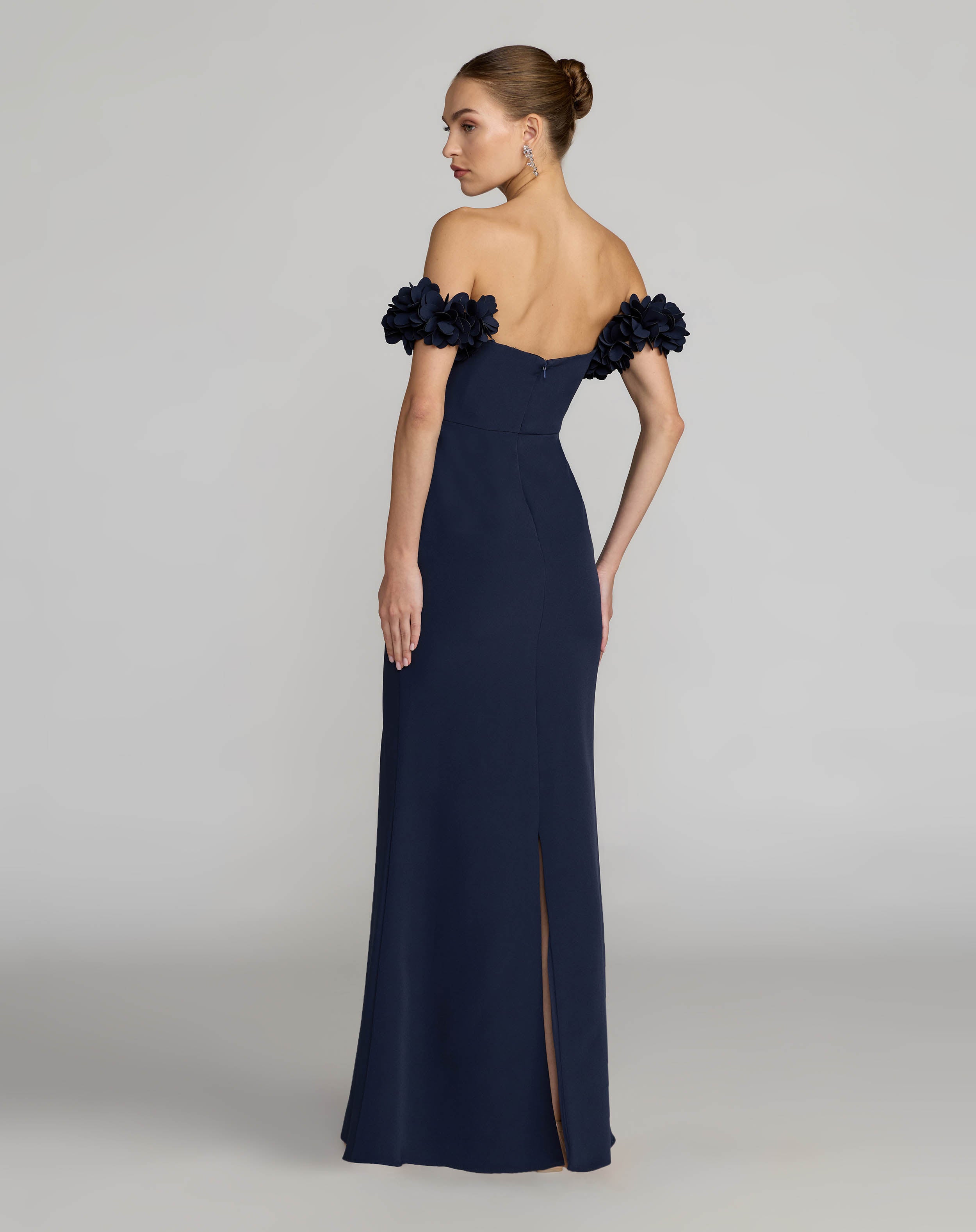 Navy Crepe Off The Shoulder Gown With 3D Flowers - Ieena for Mac Duggal