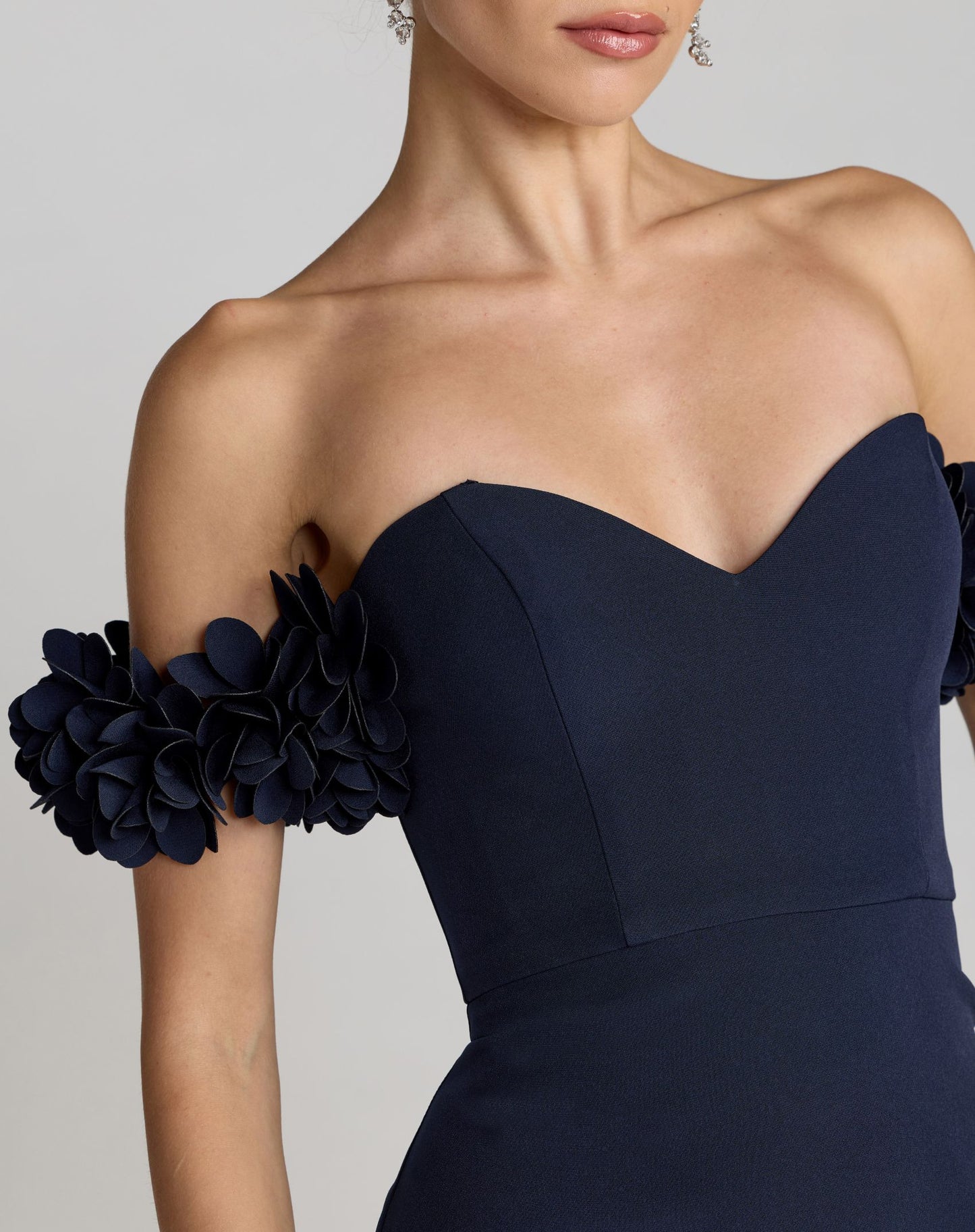 Navy Crepe Off The Shoulder Gown With 3D Flowers - Ieena for Mac Duggal