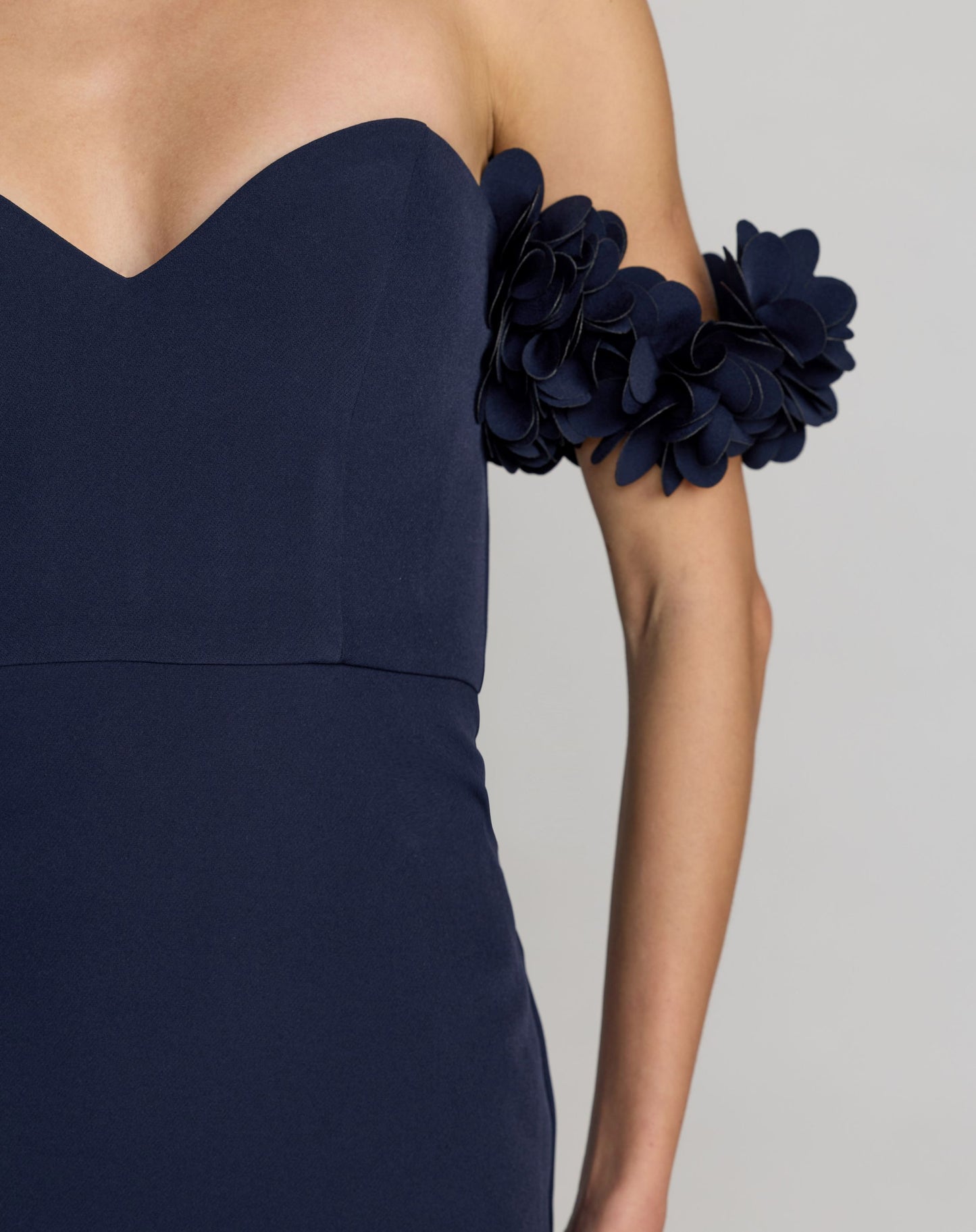 Navy Crepe Off The Shoulder Gown With 3D Flowers - Ieena for Mac Duggal