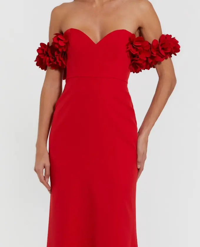 Ieena for Mac Duggal - Red Crepe Off The Shoulder Gown With 3D Flowers - US 4 Ieena for Mac Duggal - Red Crepe Off The Shoulder Gown With 3D Flowers - US 4
