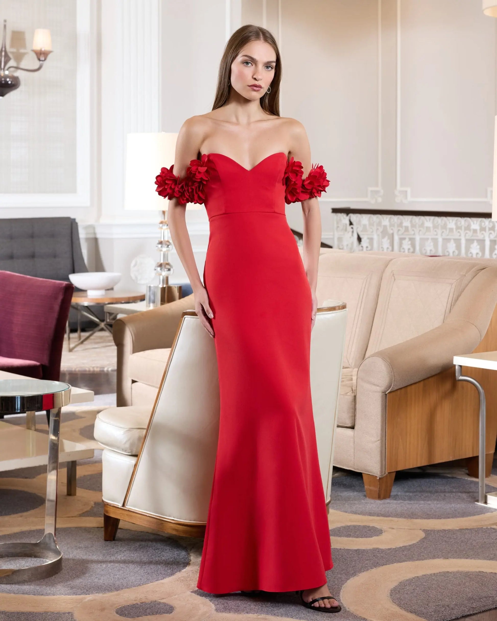 Ieena for Mac Duggal - Red Crepe Off The Shoulder Gown with 3D Flowers - US 4 Ieena for Mac Duggal - Red Crepe Off The Shoulder Gown with 3D Flowers - US 4