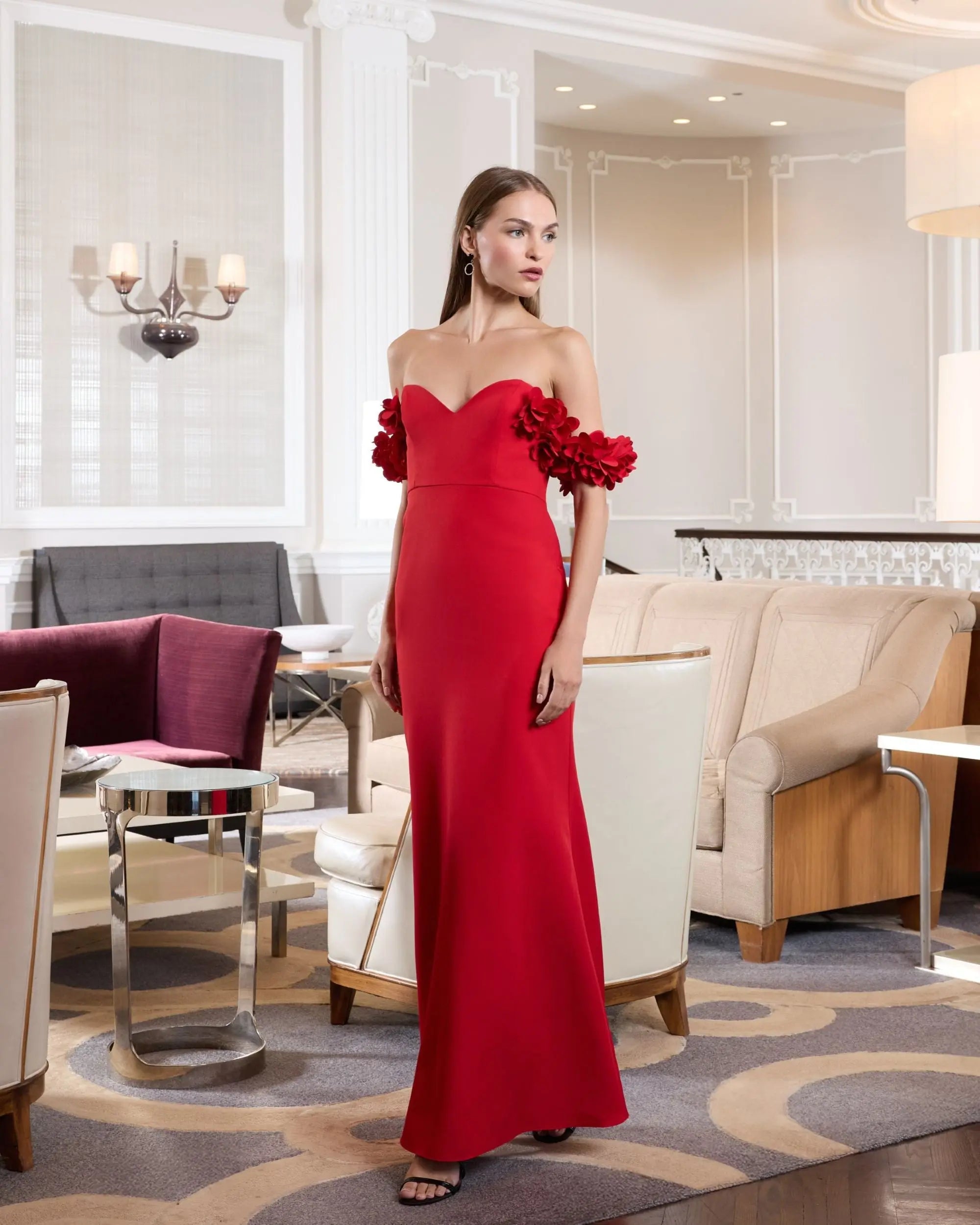 red floral off the shoulder dress Crepe Gown With 3D Flowers Natural Sleeve Length Color:Nightshade AOI 'Taylor' Maxi Dress in