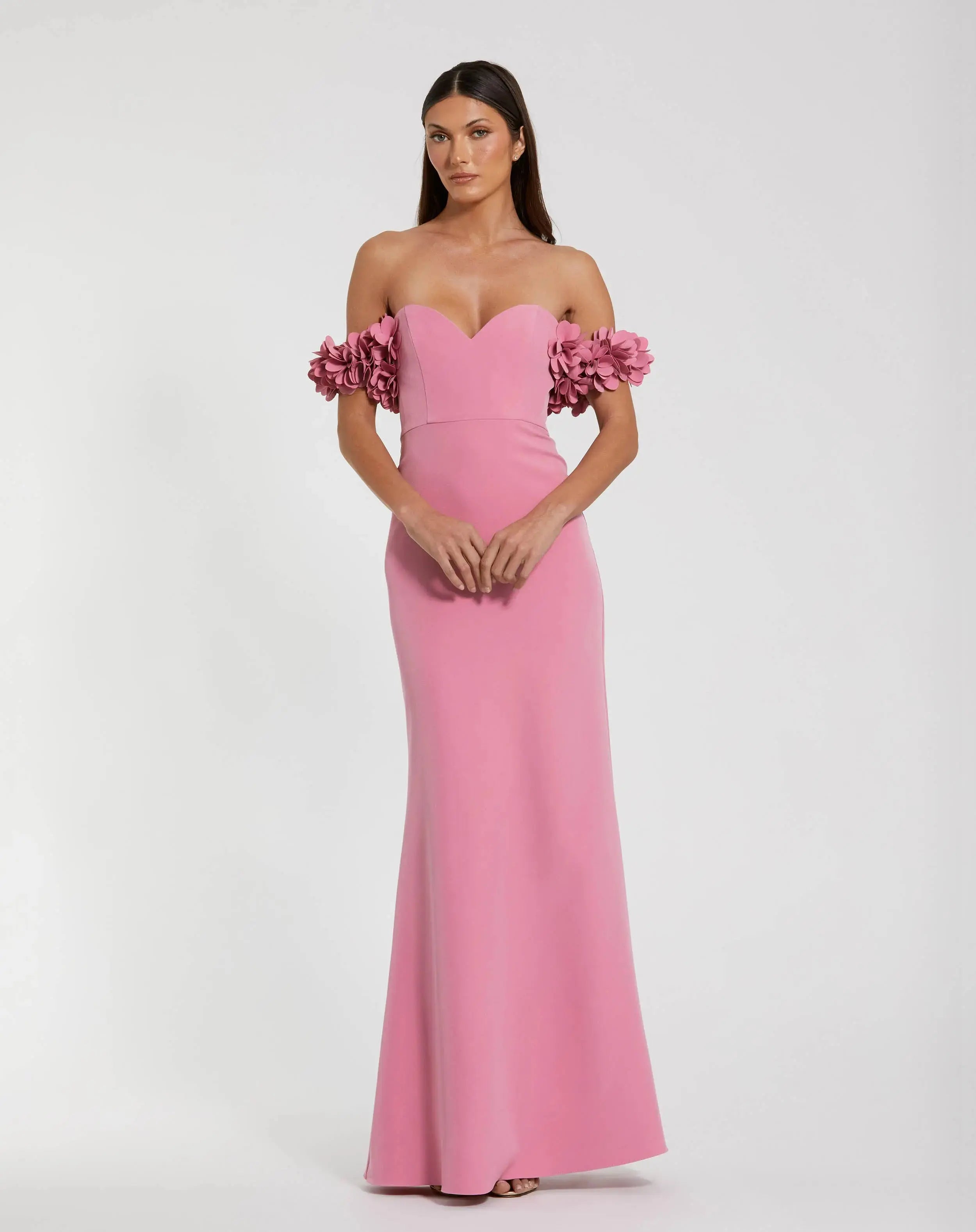 Pink Crepe Off The Shoulder Gown With 3D Flowers - Ieena for Mac Duggal