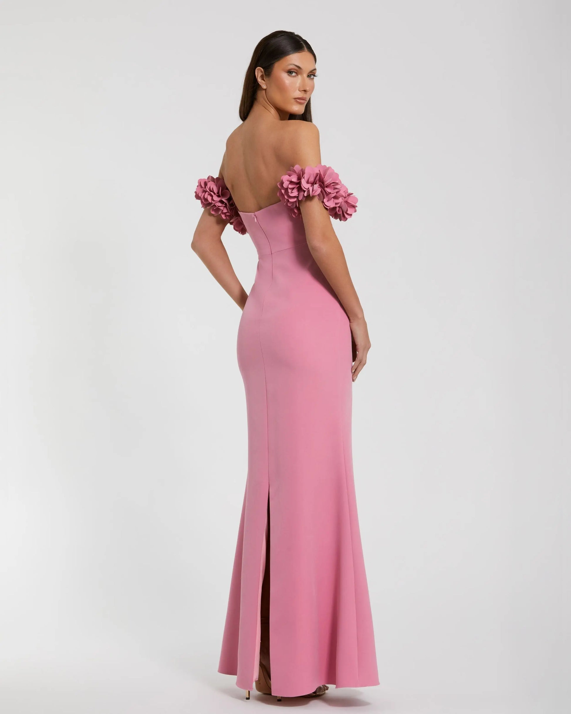 Pink Crepe Off The Shoulder Gown With 3D Flowers | Mac Duggal Pink Crepe Off The Shoulder Gown With 3D Flowers | Mac Duggal