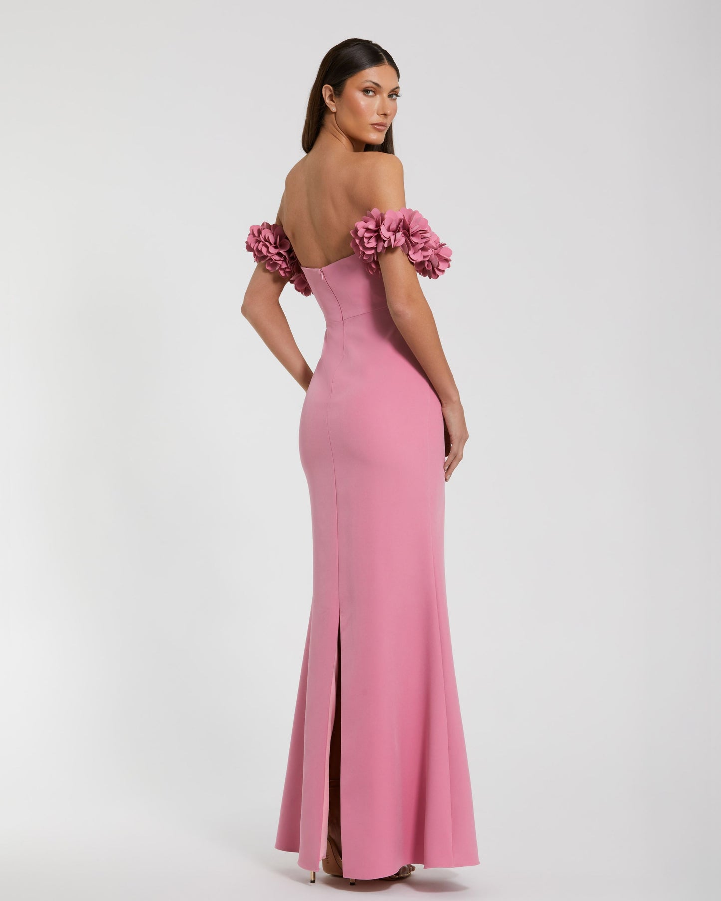 Pink Crepe Off The Shoulder Gown With 3D Flowers