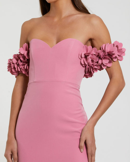 Pink Crepe Off The Shoulder Gown With 3D Flowers