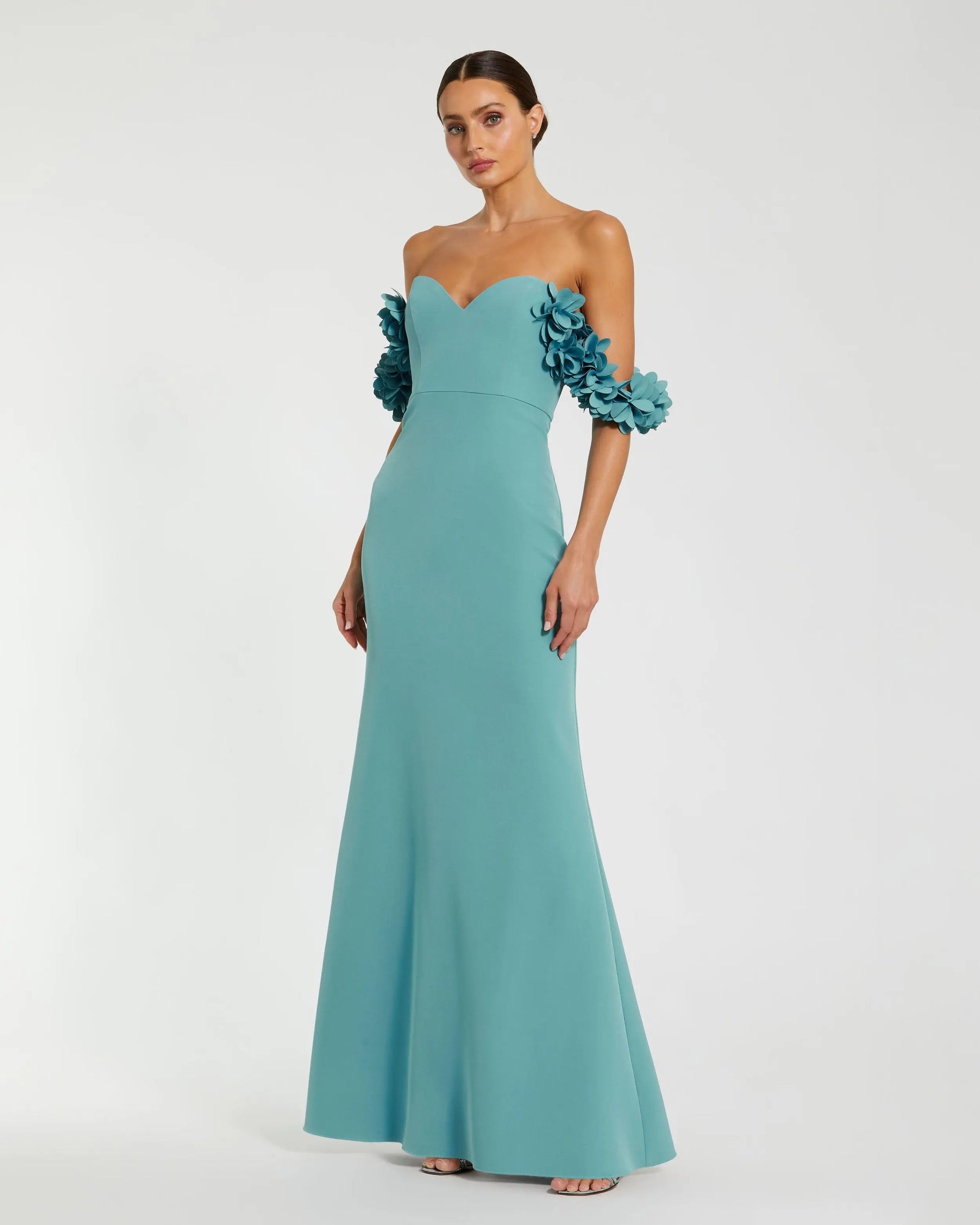 Blue Crepe Off The Shoulder Gown With 3D Flowers | Mac Duggal Blue Crepe Off The Shoulder Gown With 3D Flowers | Mac Duggal