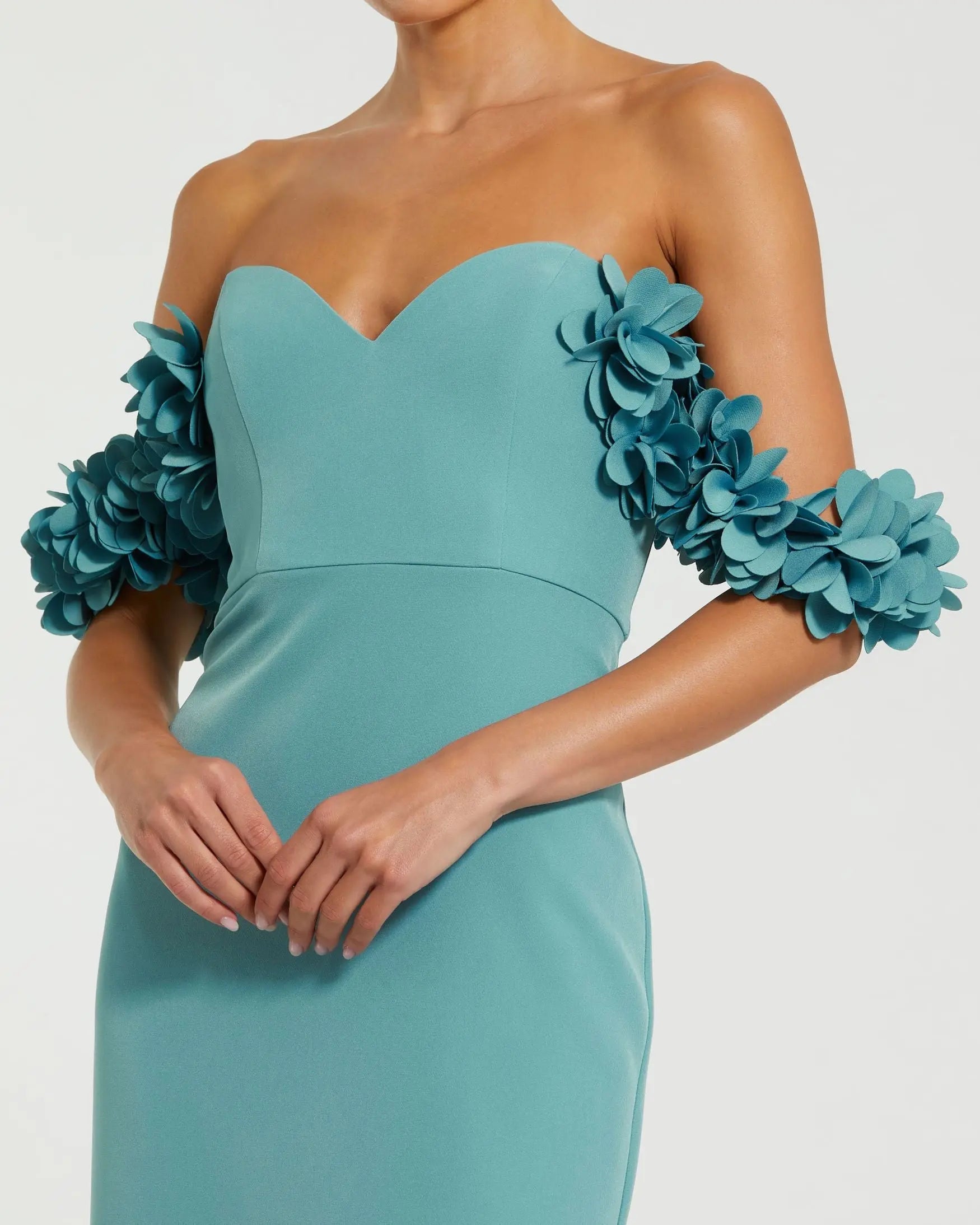 Blue Crepe Off The Shoulder Gown With 3D Flowers - Ieena for Mac Duggal