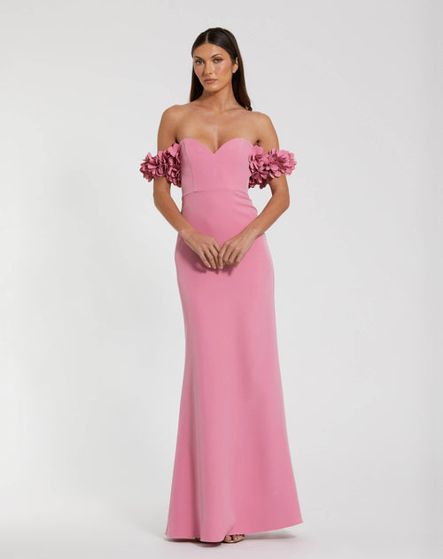 Pink Crepe Off The Shoulder Gown With 3D Flowers