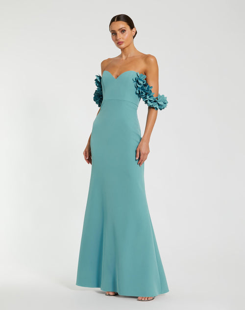 Blue Crepe Off The Shoulder Gown With 3D Flowers